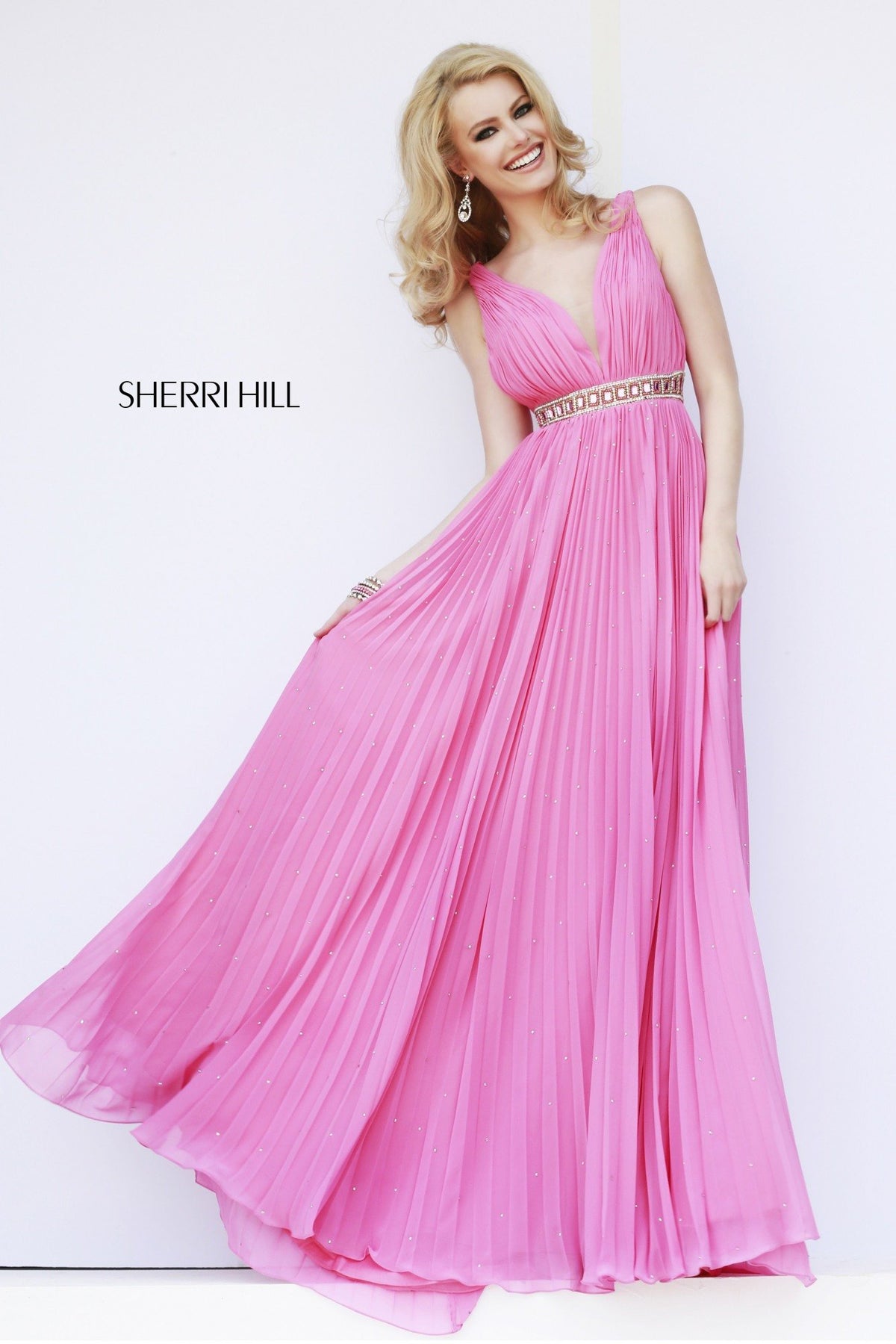 Sherri Hill 11222 V-neck pleated chiffon gown with beaded waist in hot pink