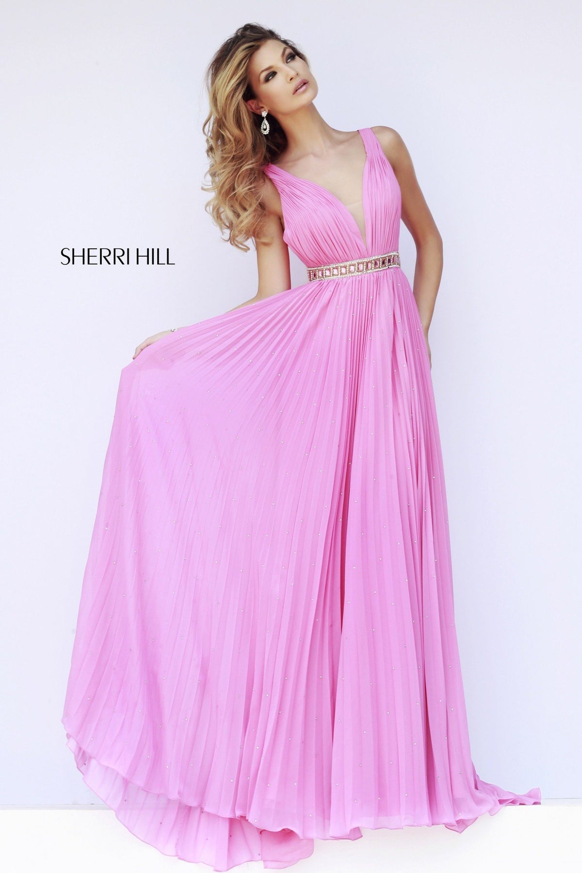 Sherri Hill 11222 V-neck pleated chiffon gown with beaded waist
