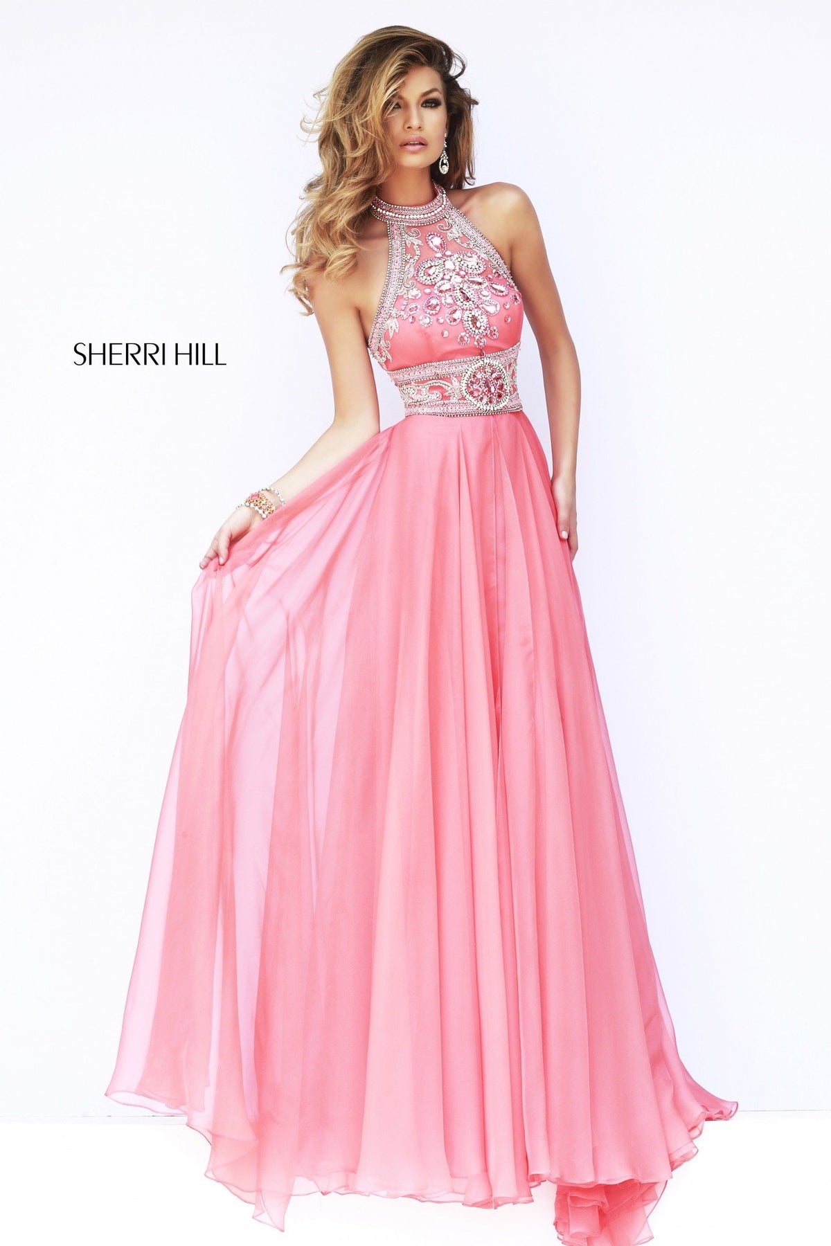 Sherri Hill 11228 halter chiffon gown with beaded bodice in coral