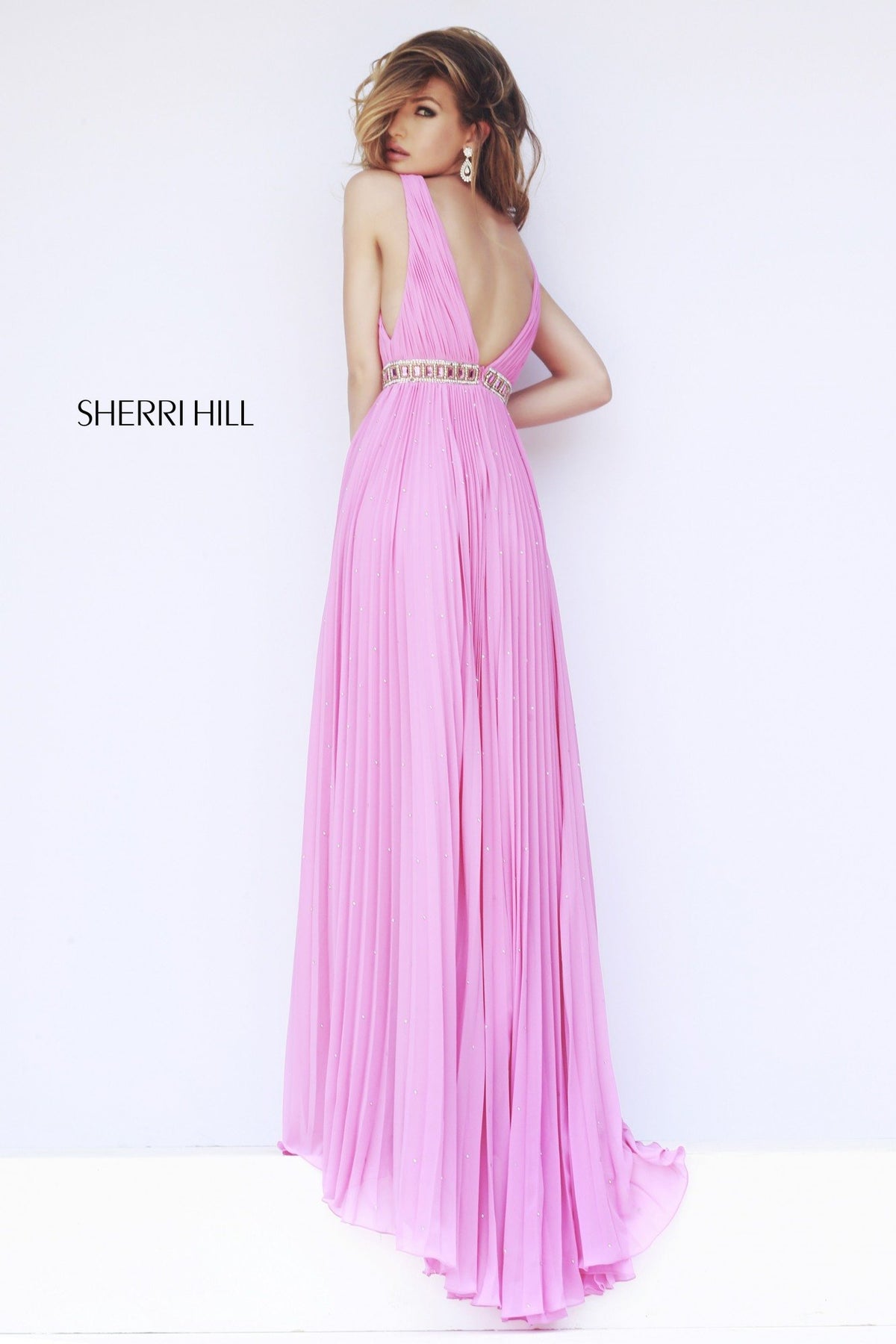Sherri Hill 11222 V-neck pleated chiffon gown with beaded waist