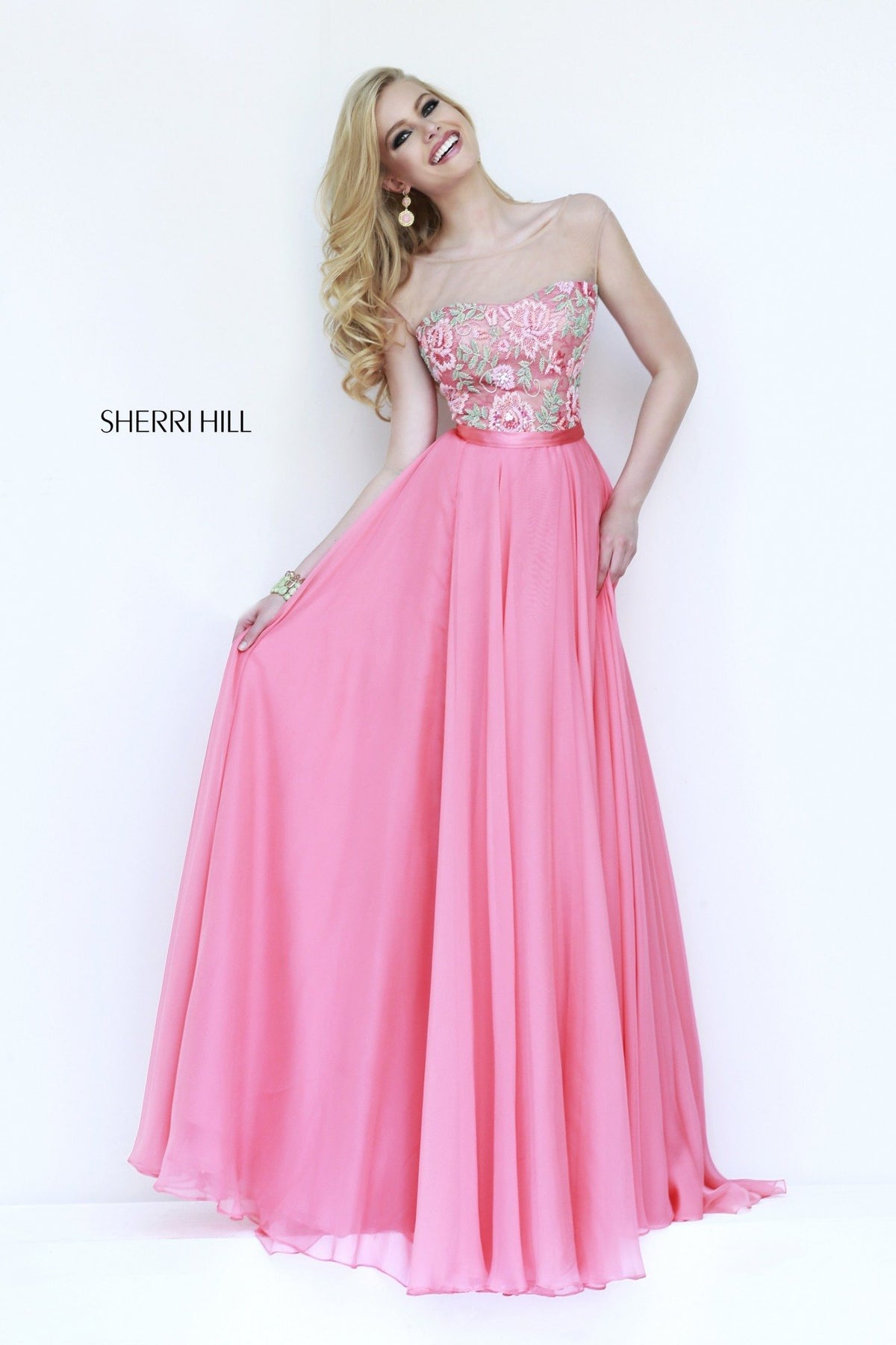 Sherri Hill 11229 strapless chiffon gown with beaded bodice in coral