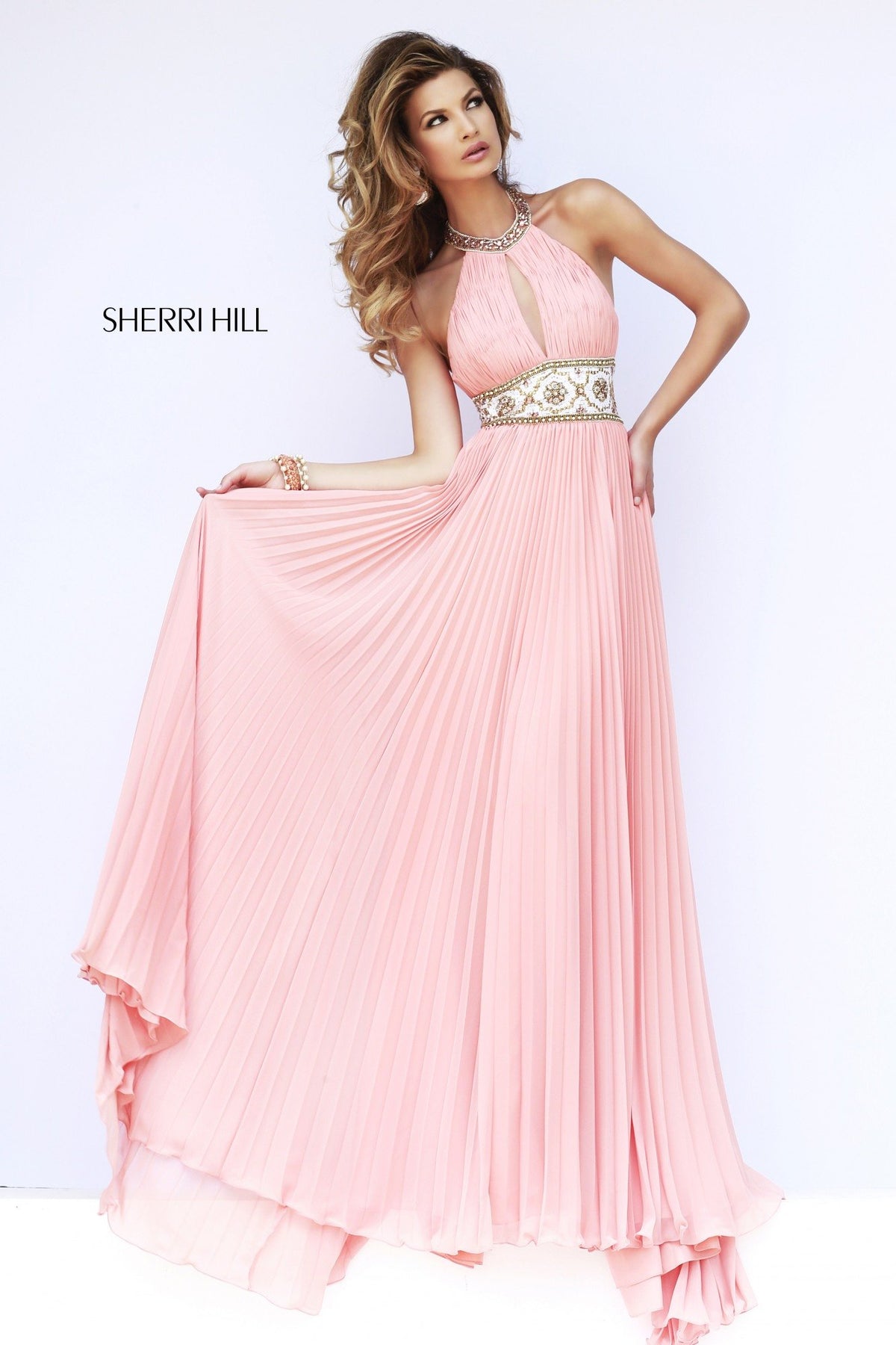 Sherri Hill 11251 pleated chiffon gown with beaded waist in peach