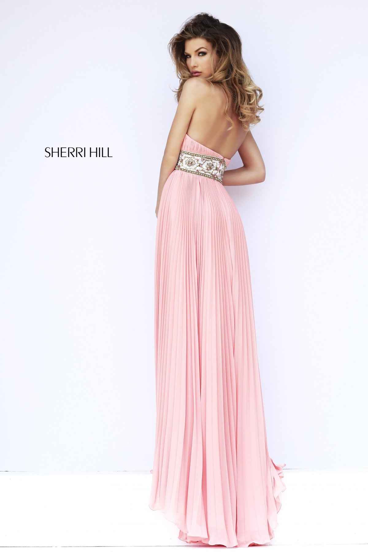 Sherri Hill 11251 pleated chiffon gown with beaded waist