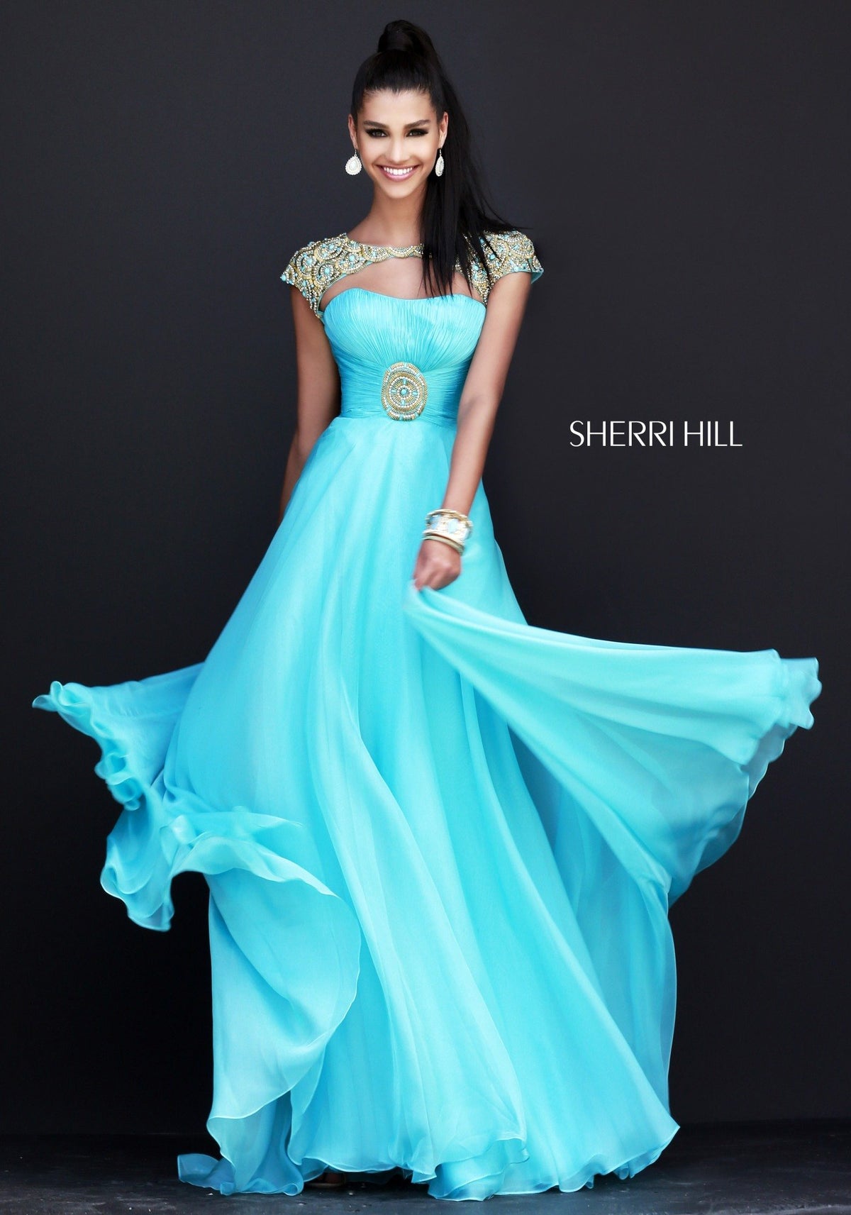 Sherri Hill 11193 cap-sleeve chiffon gown with beaded waist in aqua