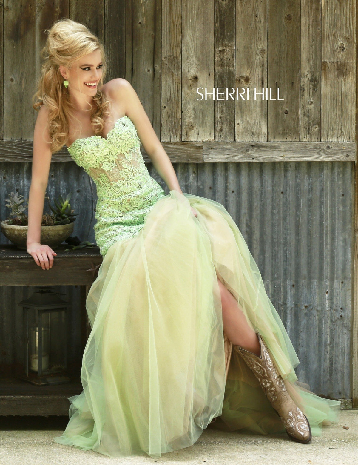 Sherri Hill 11155 strapless mermaid gown in green/nude