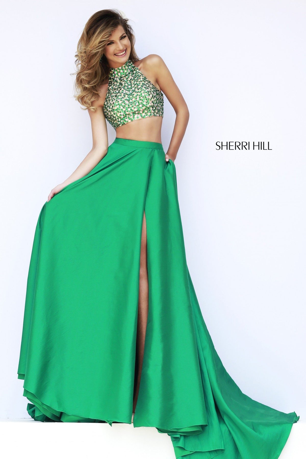 Sherri Hill 32020 two-piece gown with beaded crop top and slit skirt