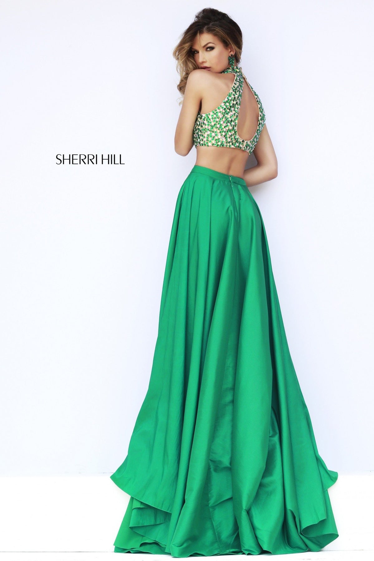 Sherri Hill 32020 two-piece gown with beaded crop top and slit skirt