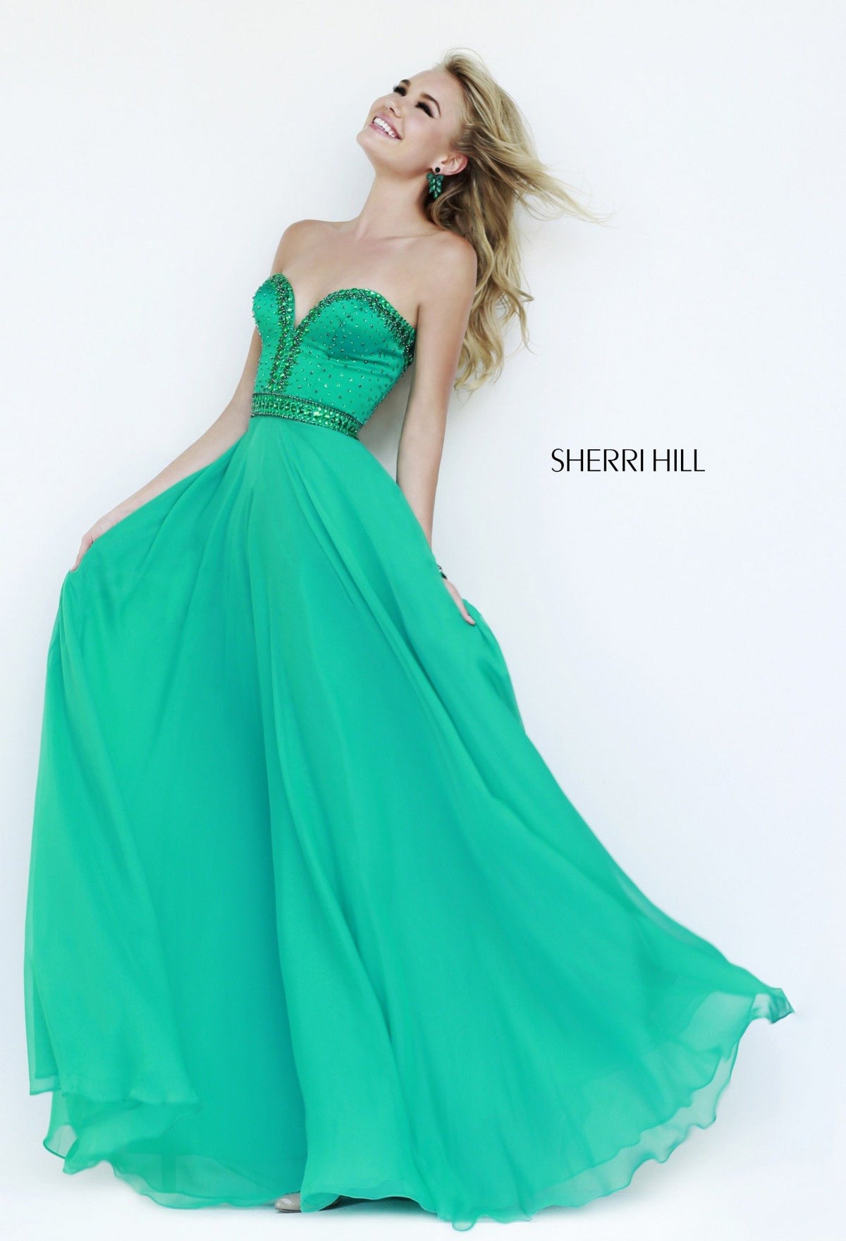 Sherri Hill 32071 strapless beaded bodice satin high-low gown