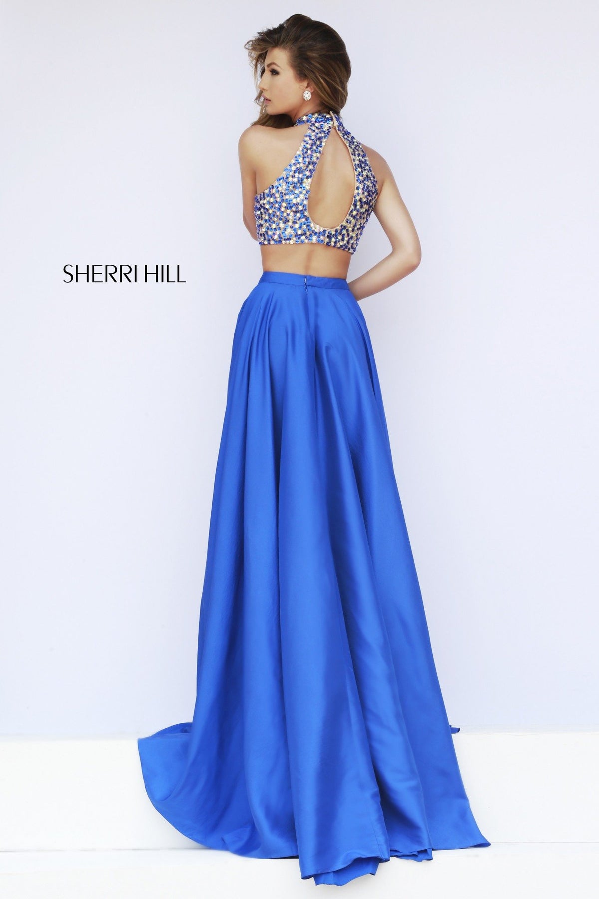 Sherri Hill 32020 two-piece gown with beaded crop top and slit skirt