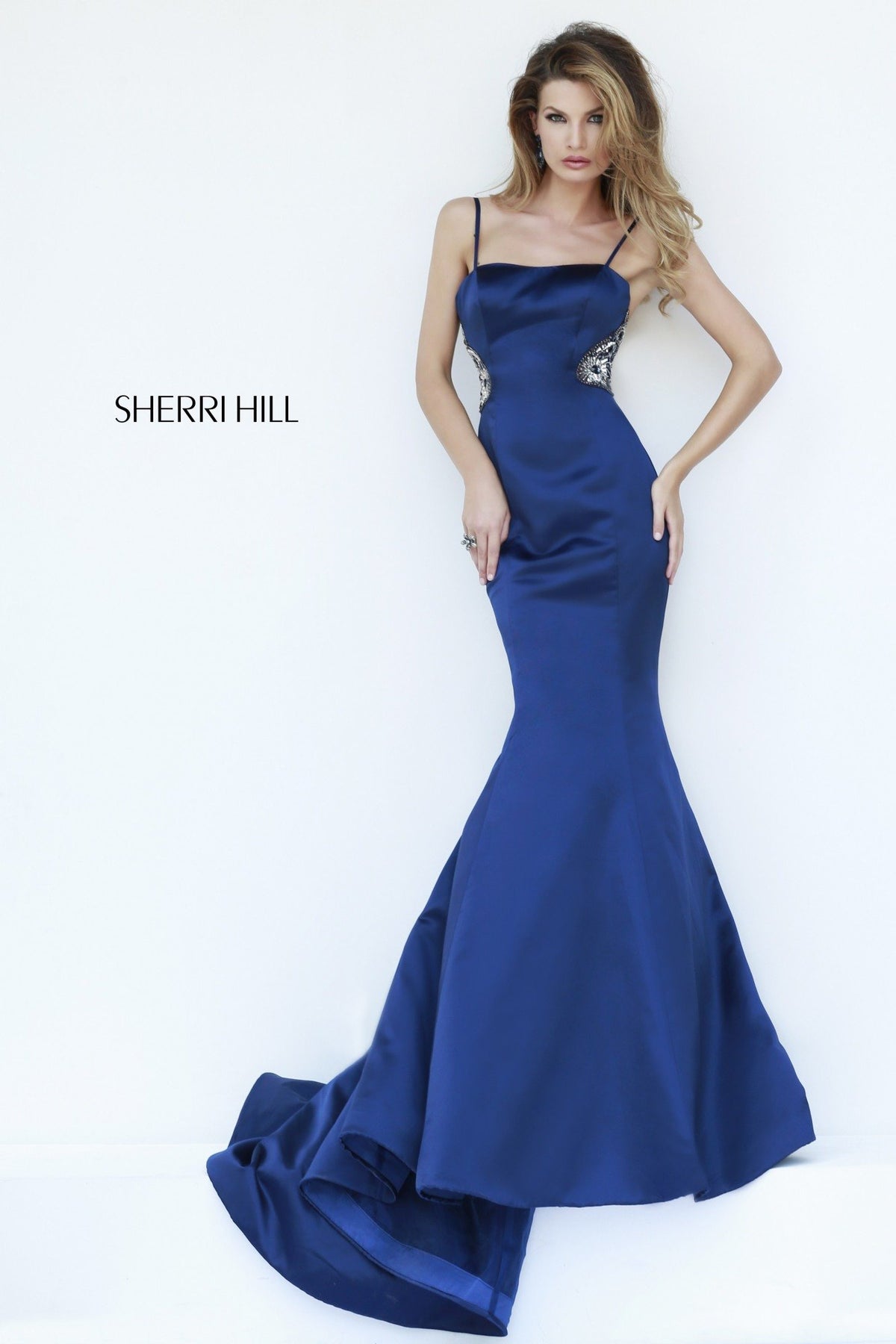 Sherri Hill 32087 satin mermaid gown with cutouts in navy