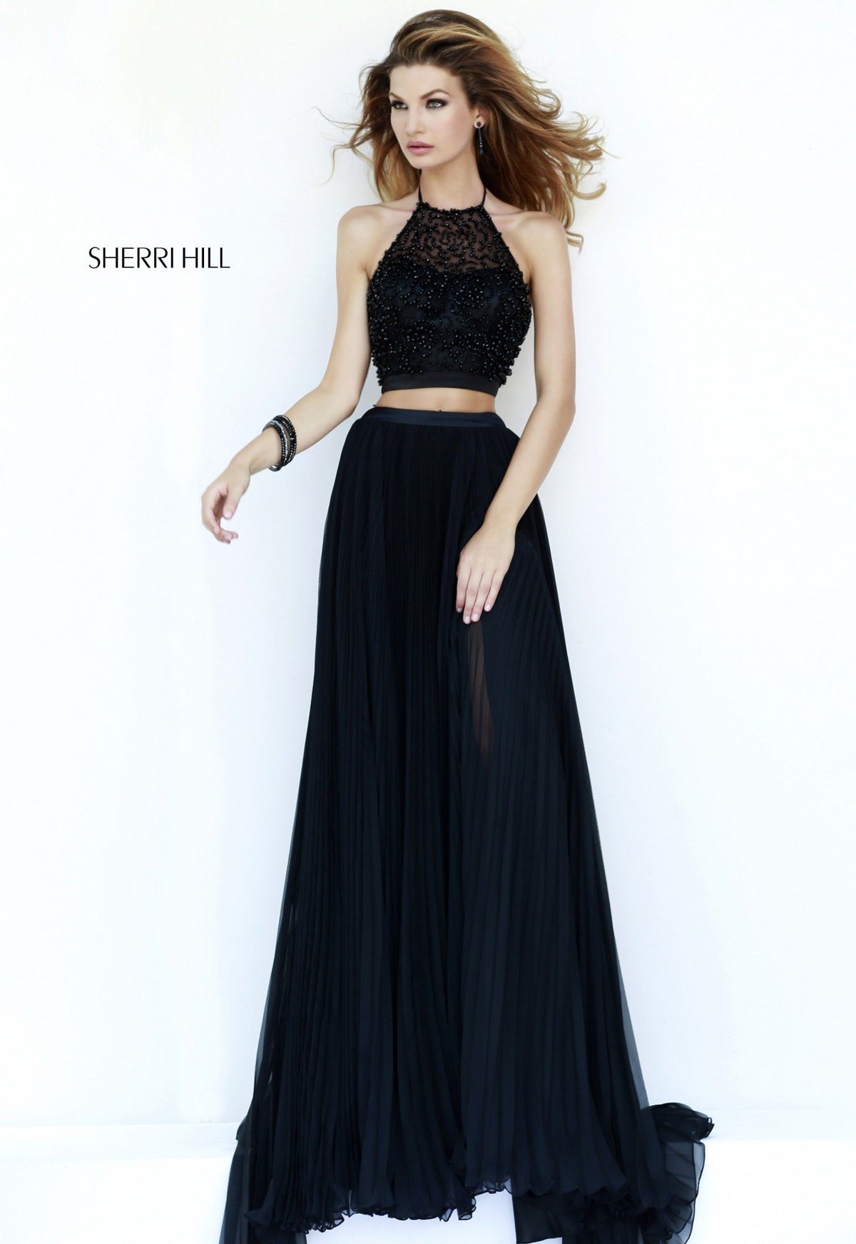 Sherri Hill 32109 two-piece chiffon gown with halter crop top in black