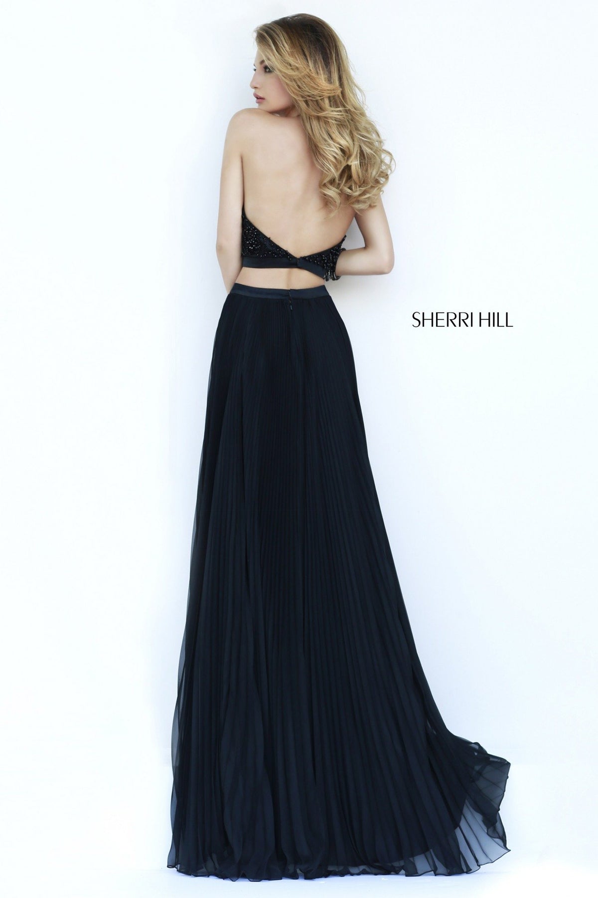 Sherri Hill 32109 two-piece chiffon gown with halter crop top