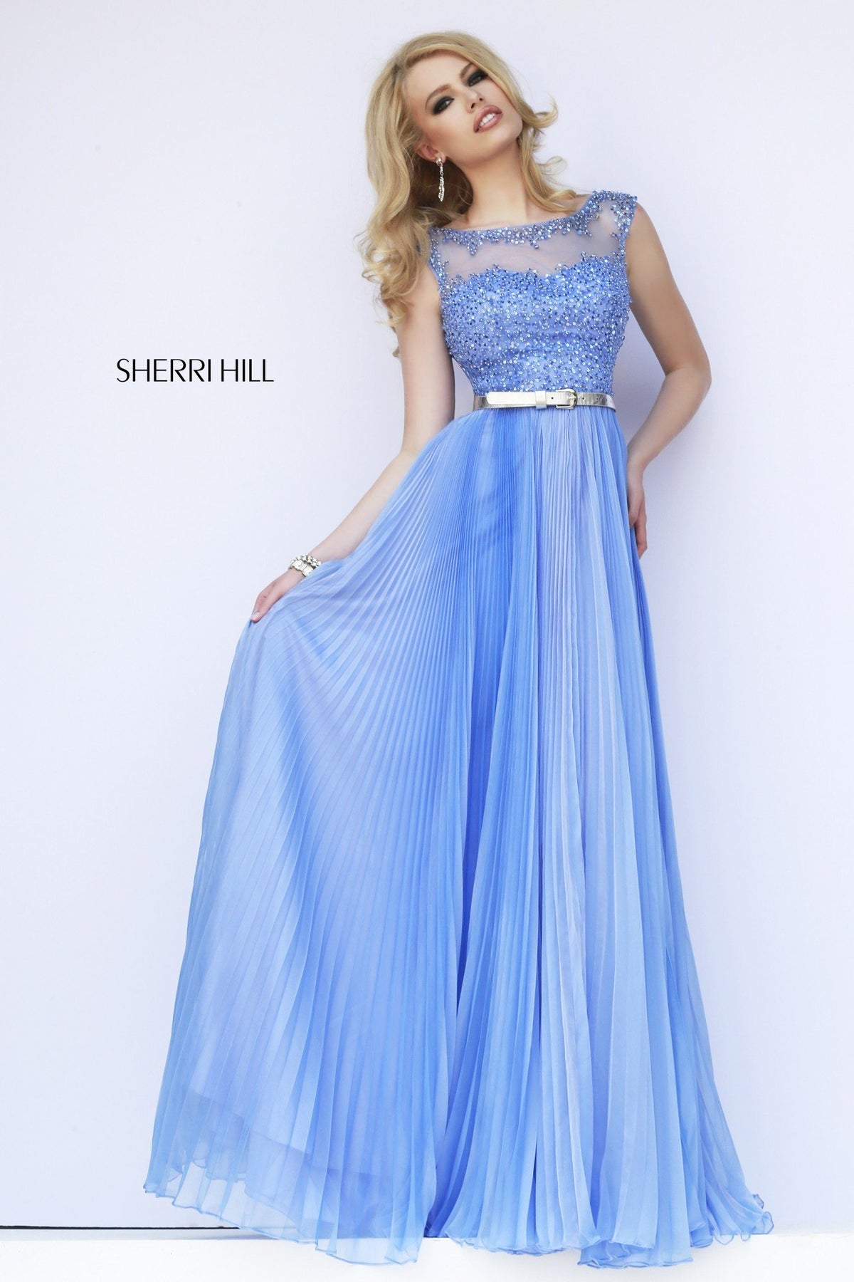 Sherri Hill 32131 cap-sleeve pleated chiffon gown in periwinkle