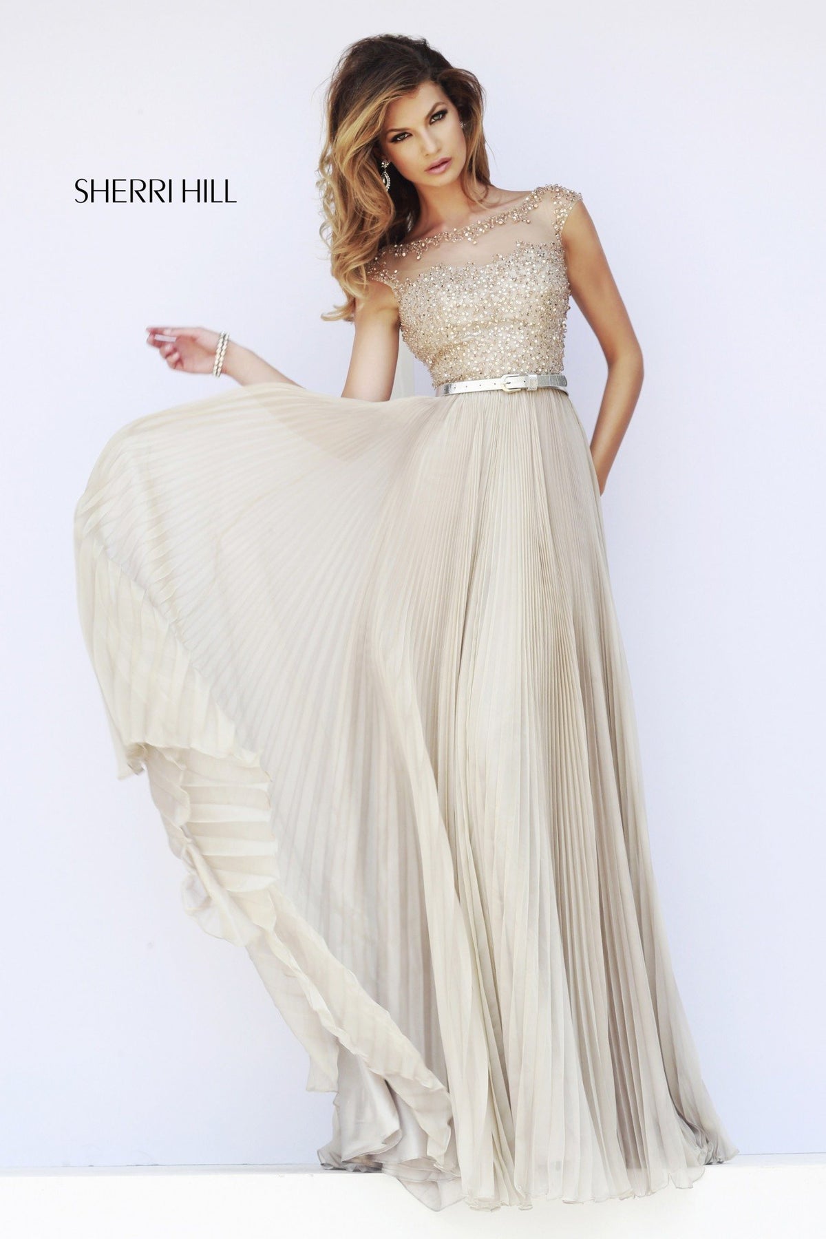 Sherri Hill 32131 cap-sleeve pleated chiffon gown in nude