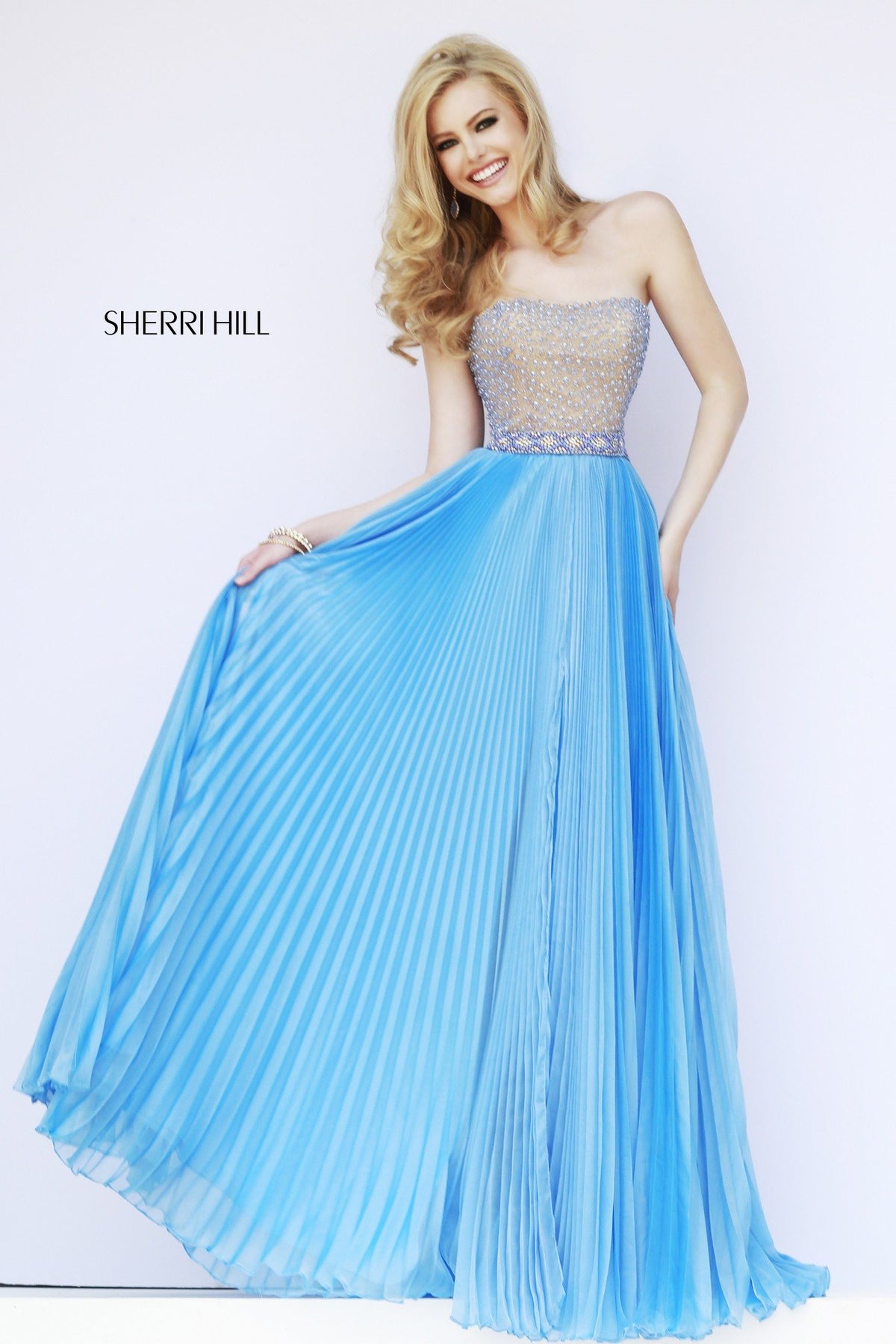 Sherri Hill 32143 strapless beaded bodice pleated chiffon gown in blue