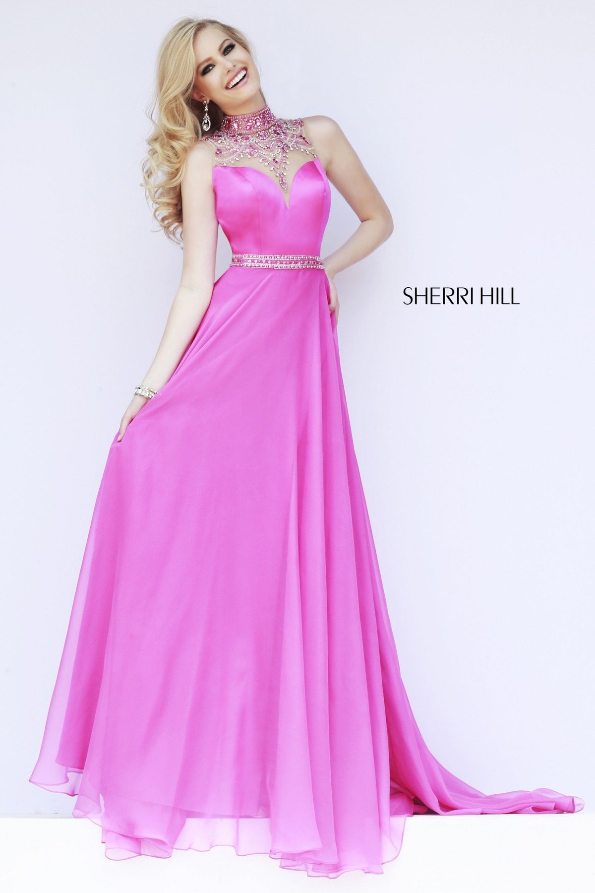 Sherri Hill 32144 beaded bodice chiffon gown in fuchsia