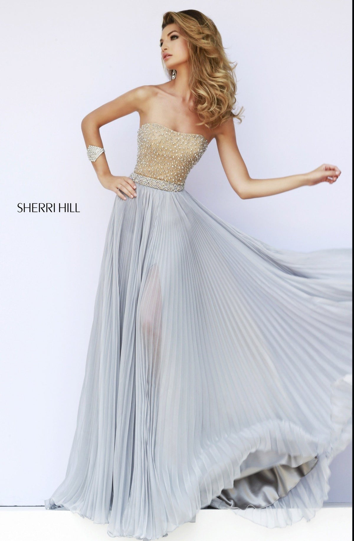 Sherri Hill 32143 strapless beaded bodice pleated chiffon gown in silver