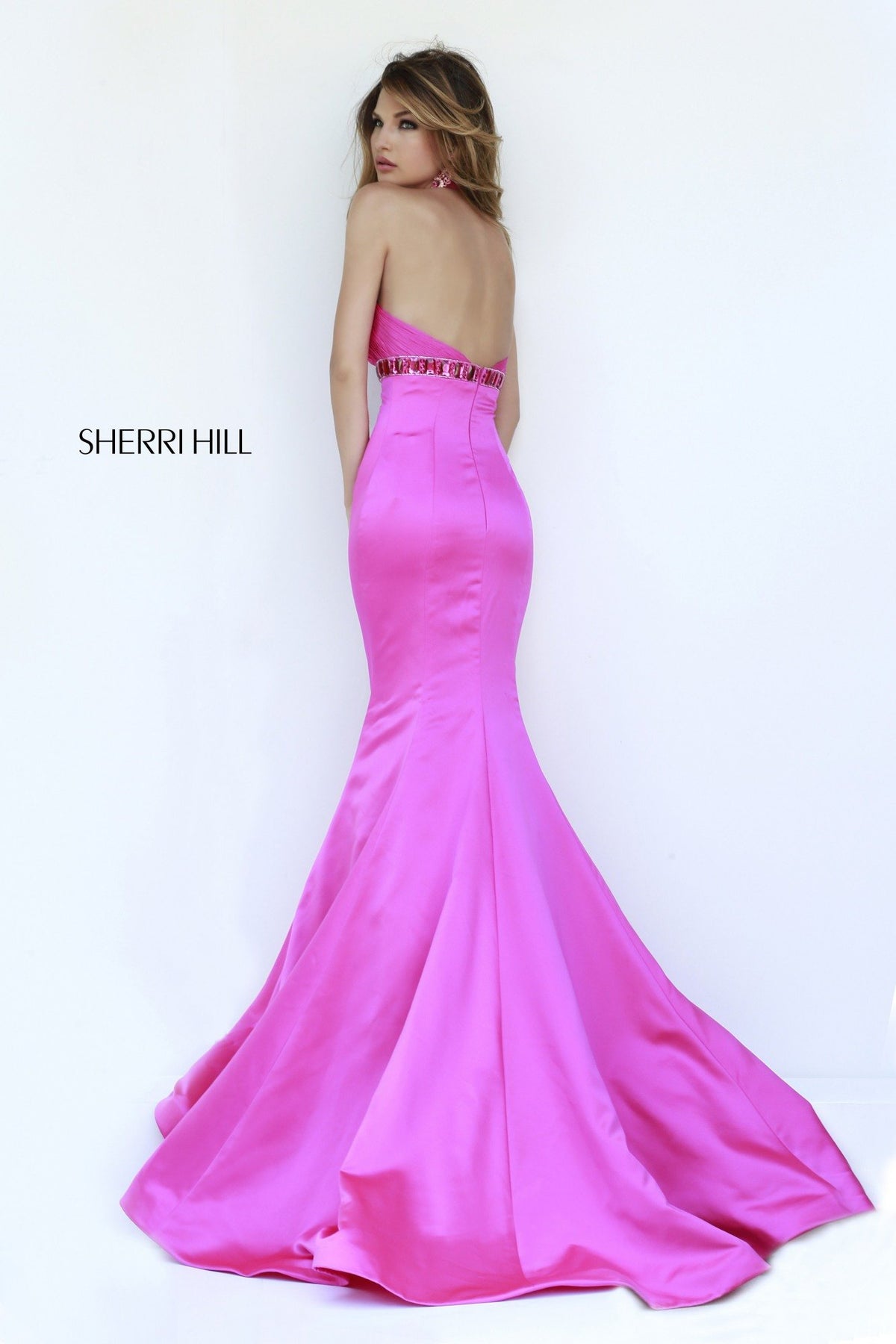 Sherri Hill 32147 halter satin mermaid gown with cutout