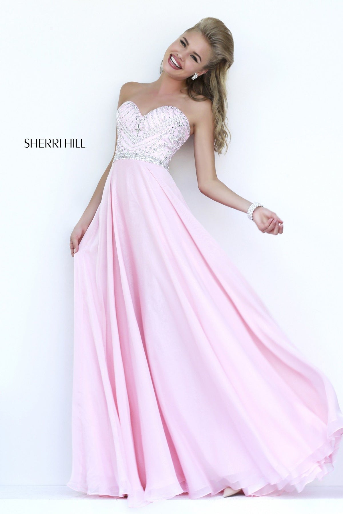 Sherri Hill 1944 strapless chiffon gown with beaded bodice in pink