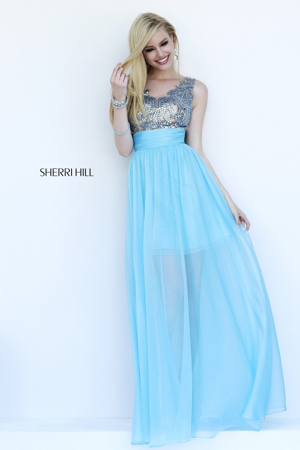 Sherri Hill 1945 beaded bodice chiffon gown in light blue