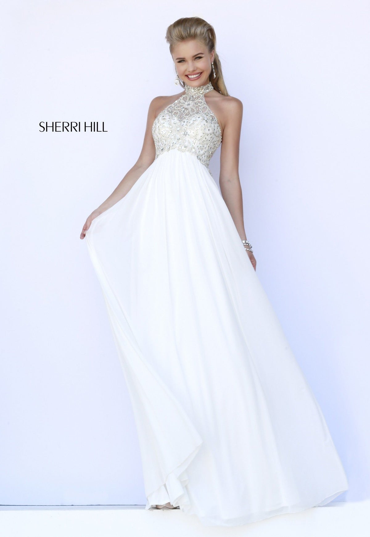 Sherri Hill 5204 halter chiffon gown with beaded bodice in ivory