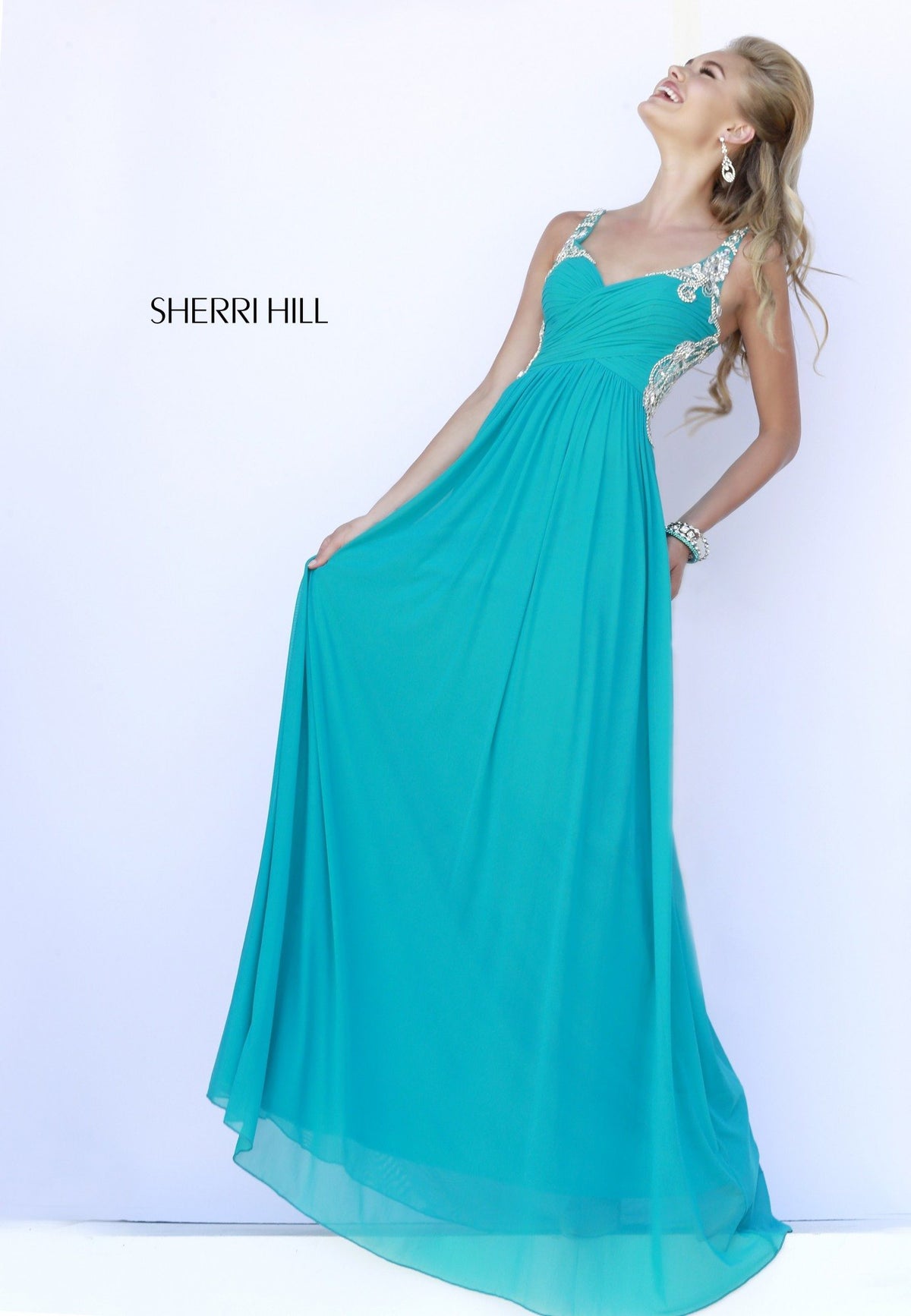 Sherri Hill 5202 one-shoulder chiffon gown in teal