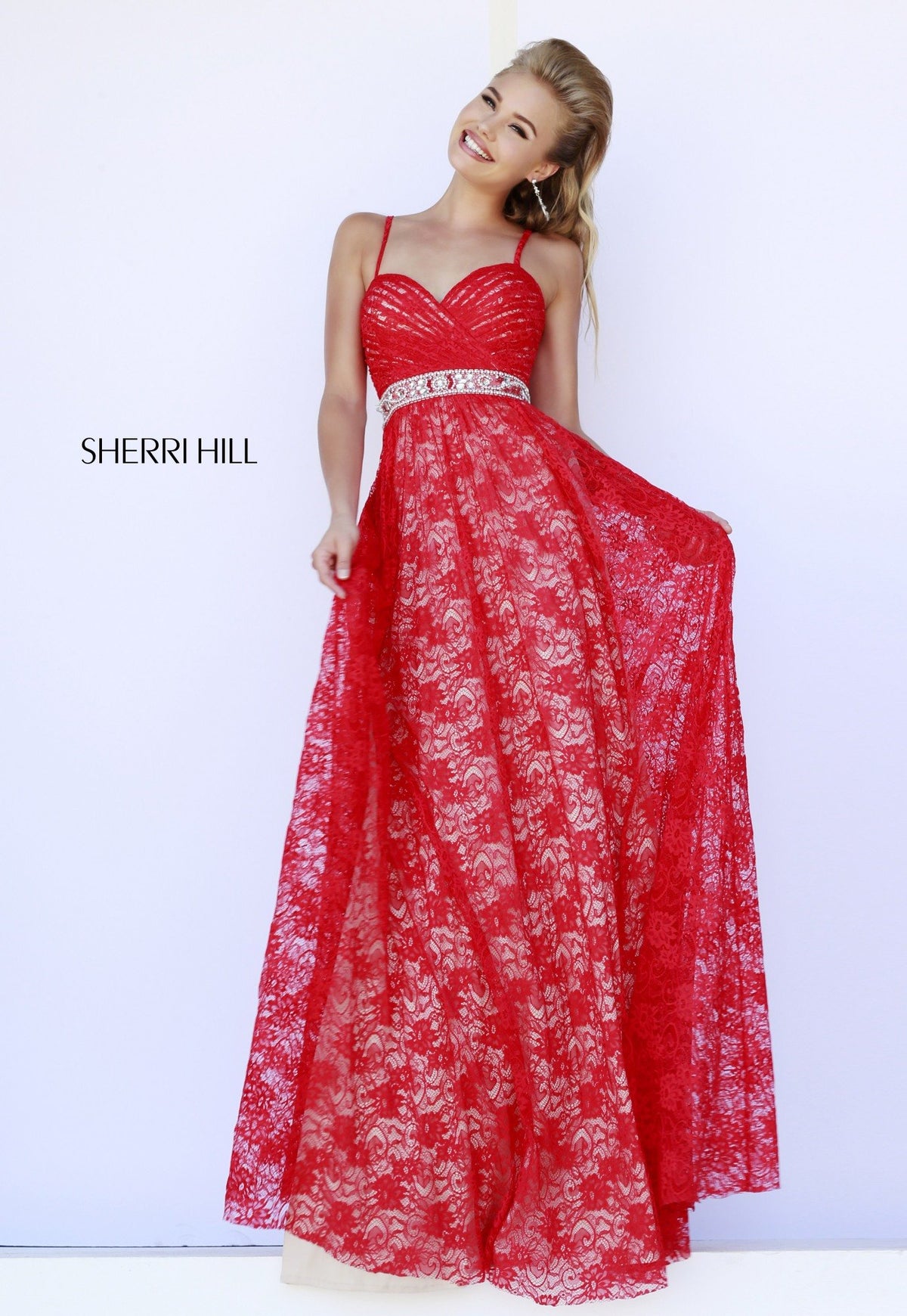 Sherri Hill 5205 sweetheart lace gown with beaded waist in red