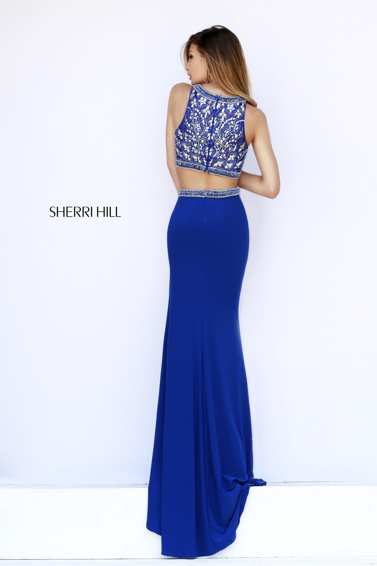 Sherri Hill 9731 two-piece beaded gown with slit in royal