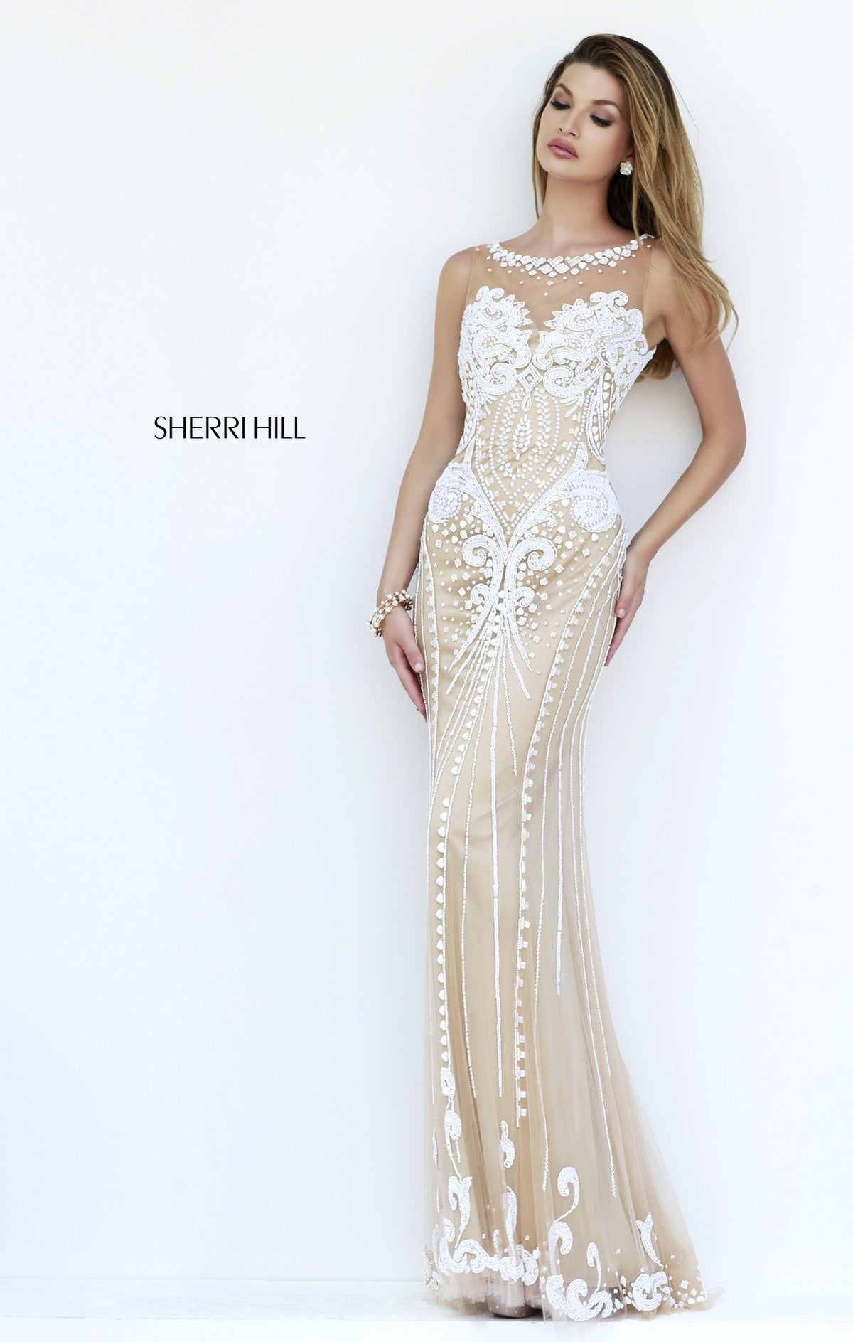 Sherri Hill 9737 beaded fitted gown in ivory