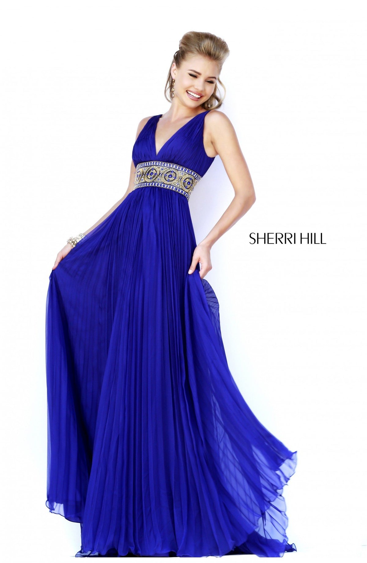 Sherri Hill 11189 V-neck chiffon gown with beaded waist in purple