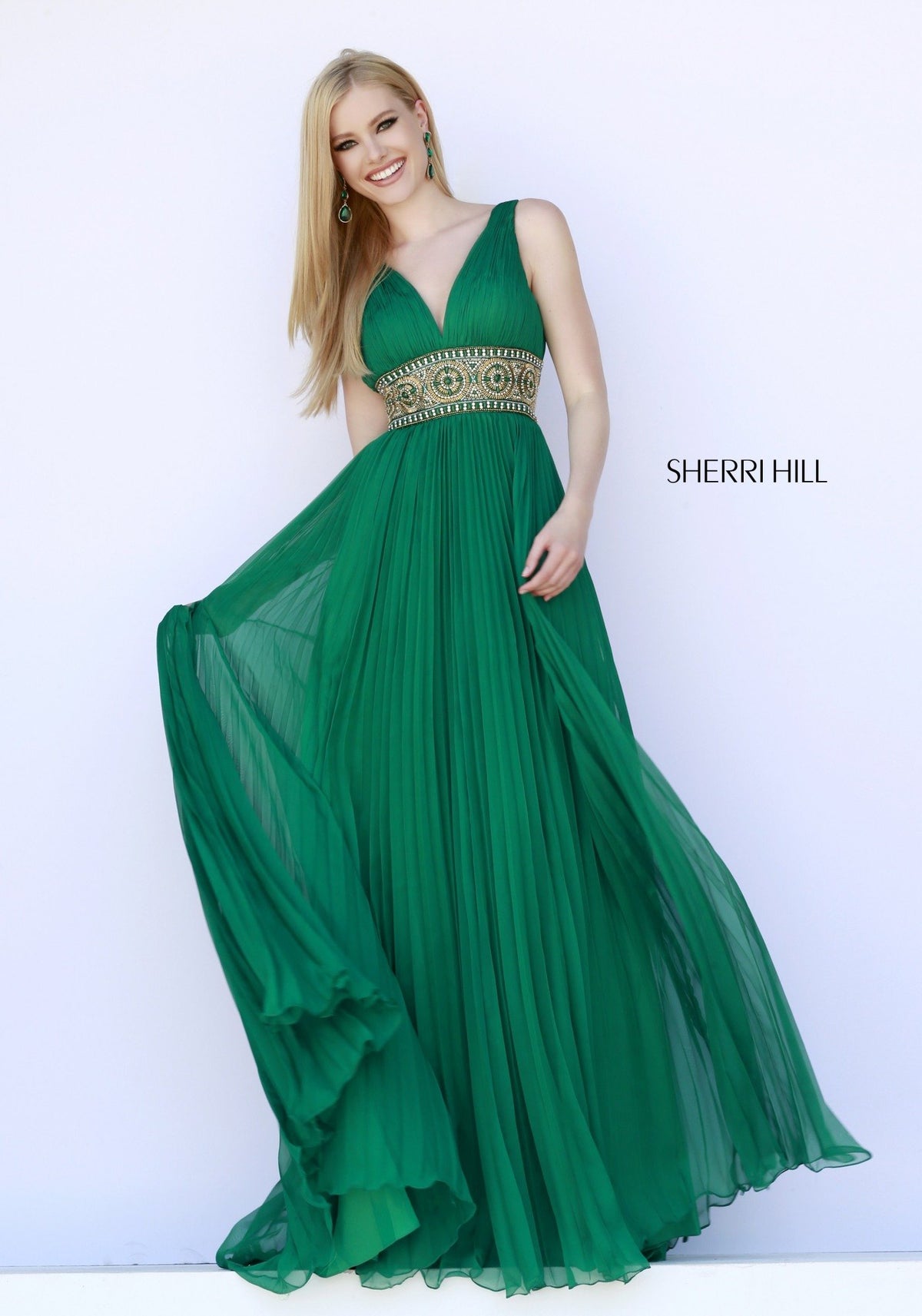 Sherri Hill 11189 V-neck chiffon gown with beaded waist in emerald