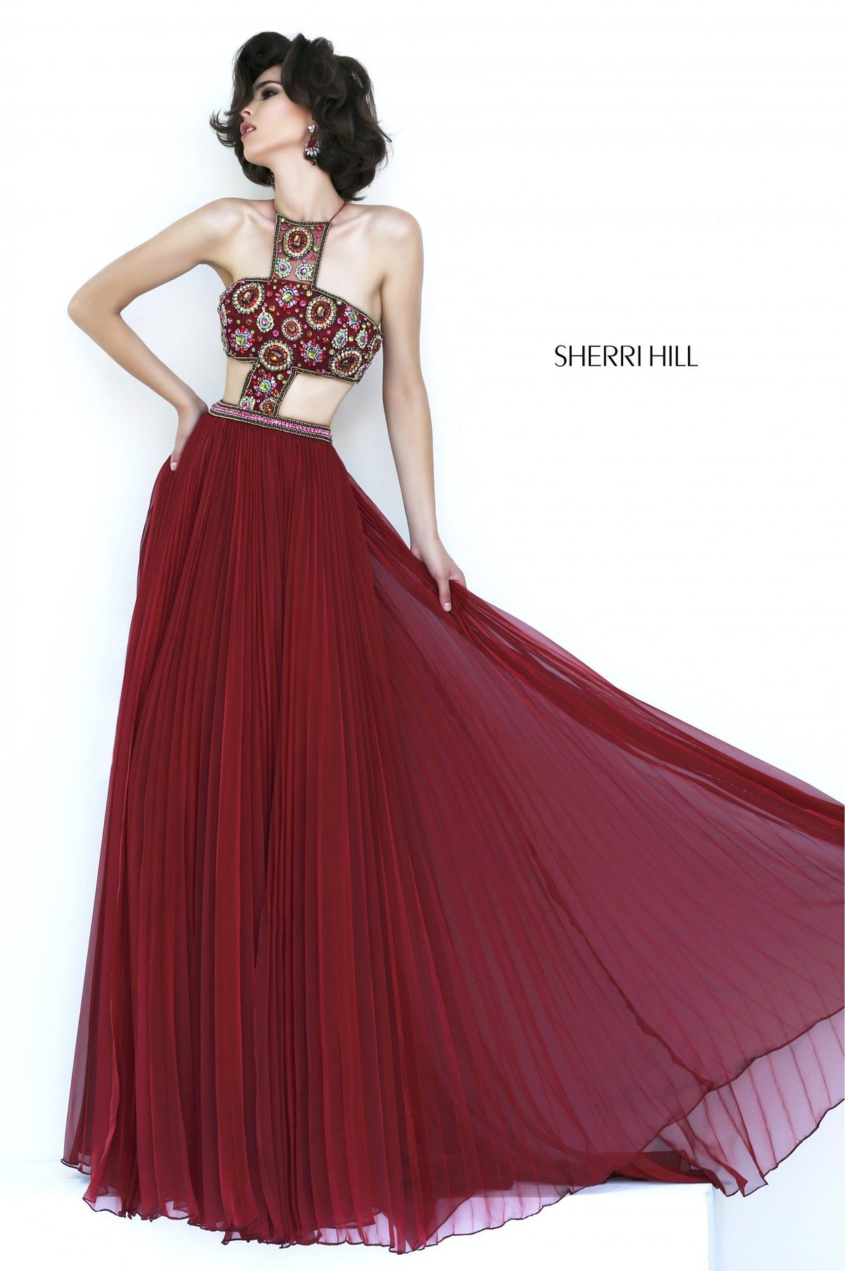 Sherri Hill 11206 halter beaded bodice gown with cutouts in cinnamon/multi