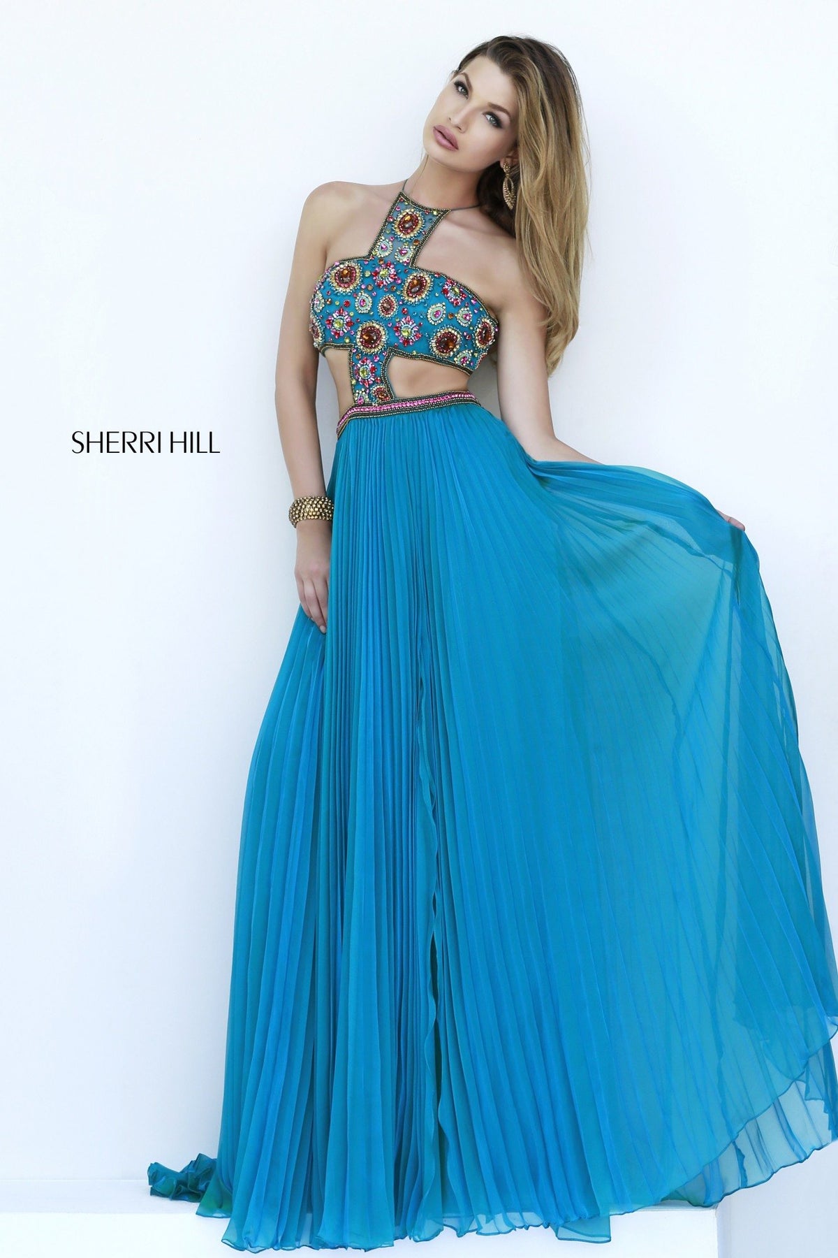 Sherri Hill 11206 halter beaded bodice gown with cutouts in teal/multi