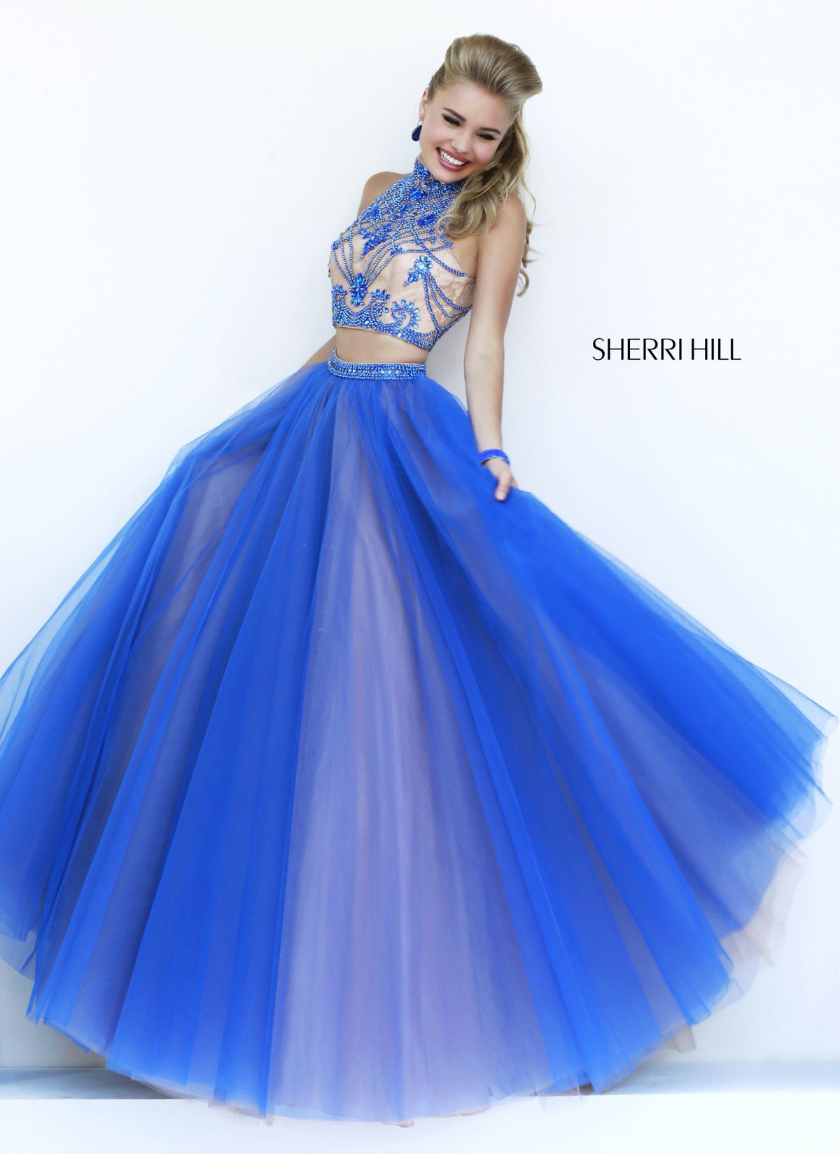 Sherri Hill 11211 two-piece beaded tulle gown in royal