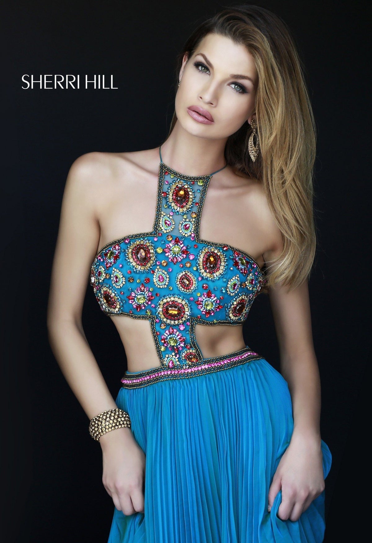 Sherri Hill 11206 halter beaded bodice gown with cutouts