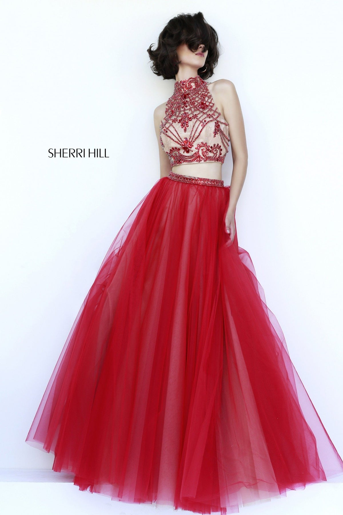 Sherri Hill 11211 two-piece beaded tulle gown in red