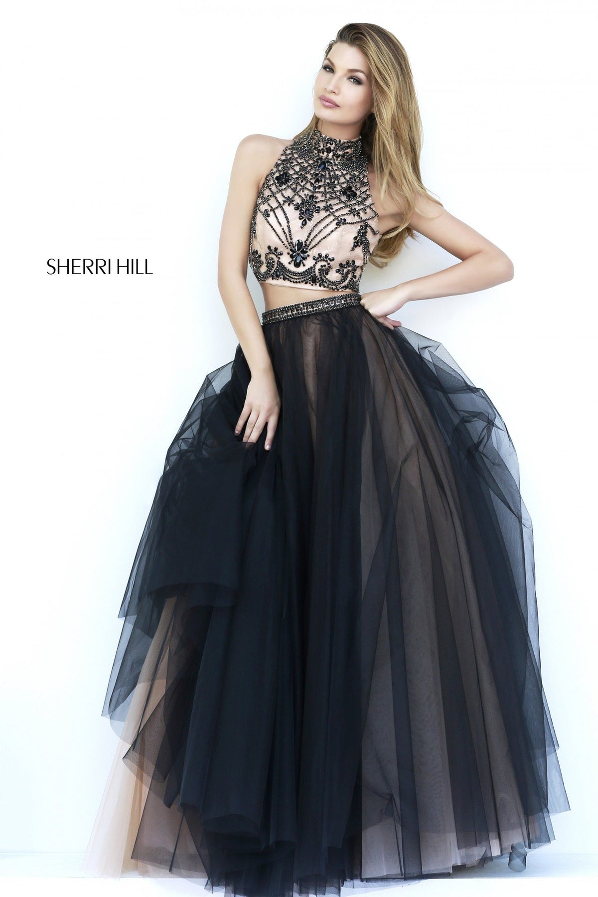 Sherri Hill 11211 two-piece beaded tulle gown in black
