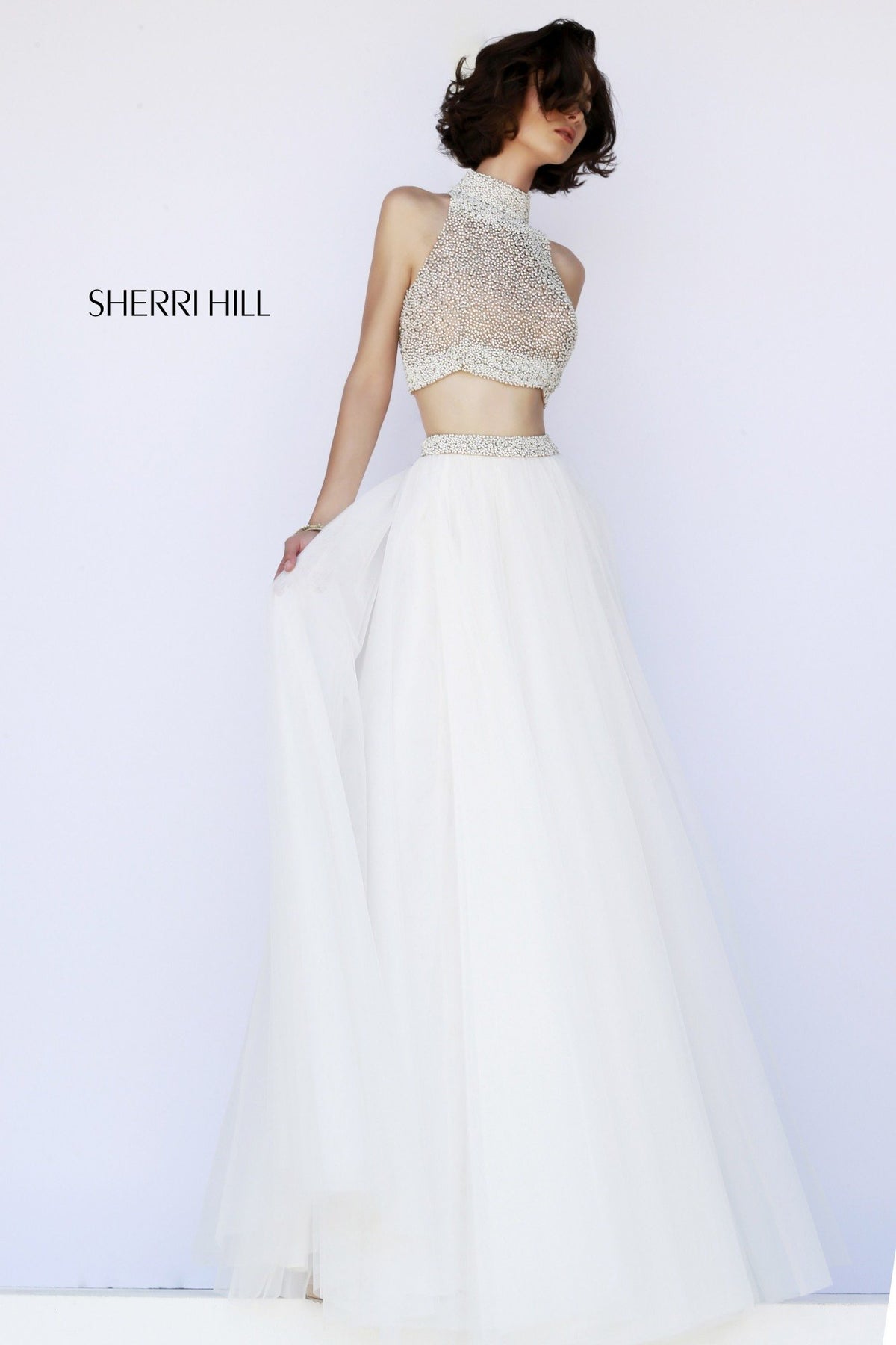 Sherri Hill 11220 two-piece chiffon gown with beaded crop top in ivory