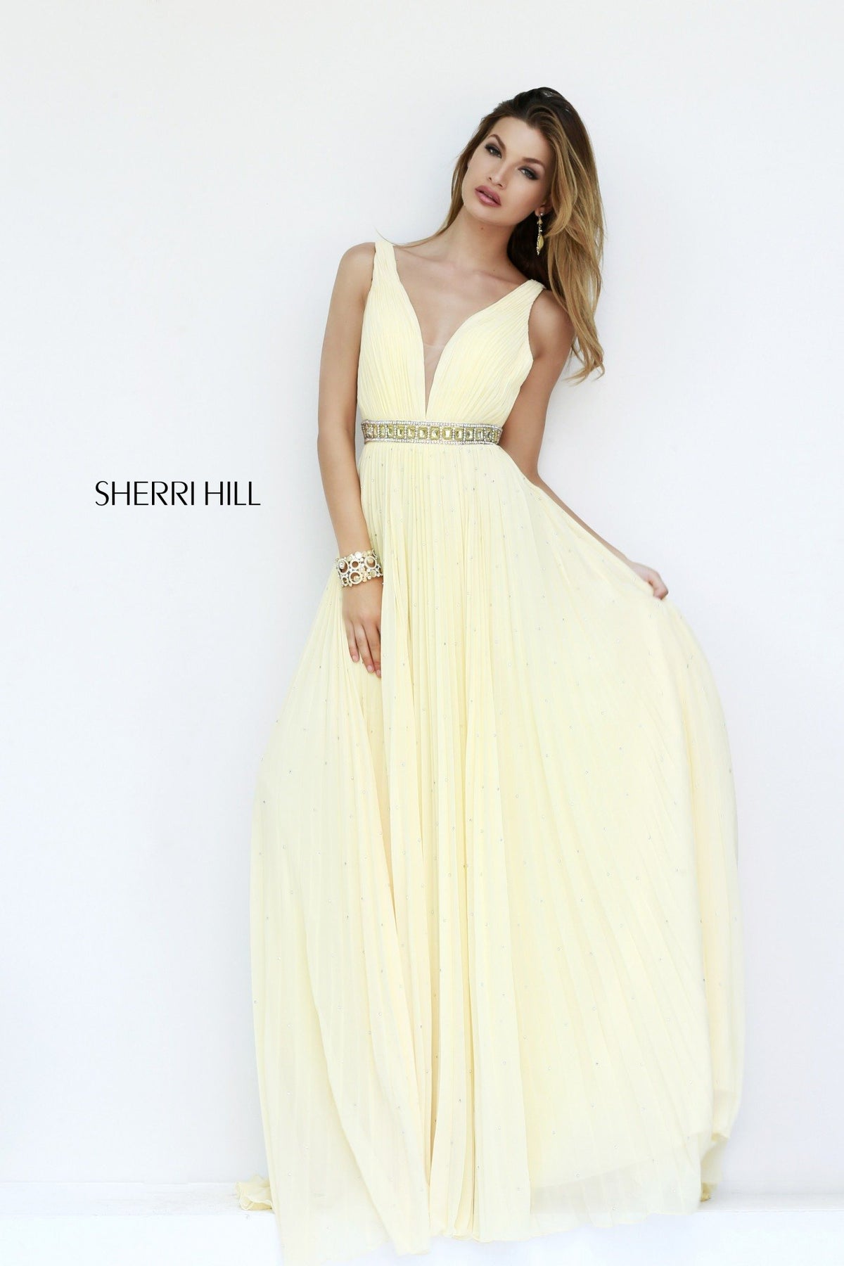 Sherri Hill 11222 V-neck pleated chiffon gown with beaded waist