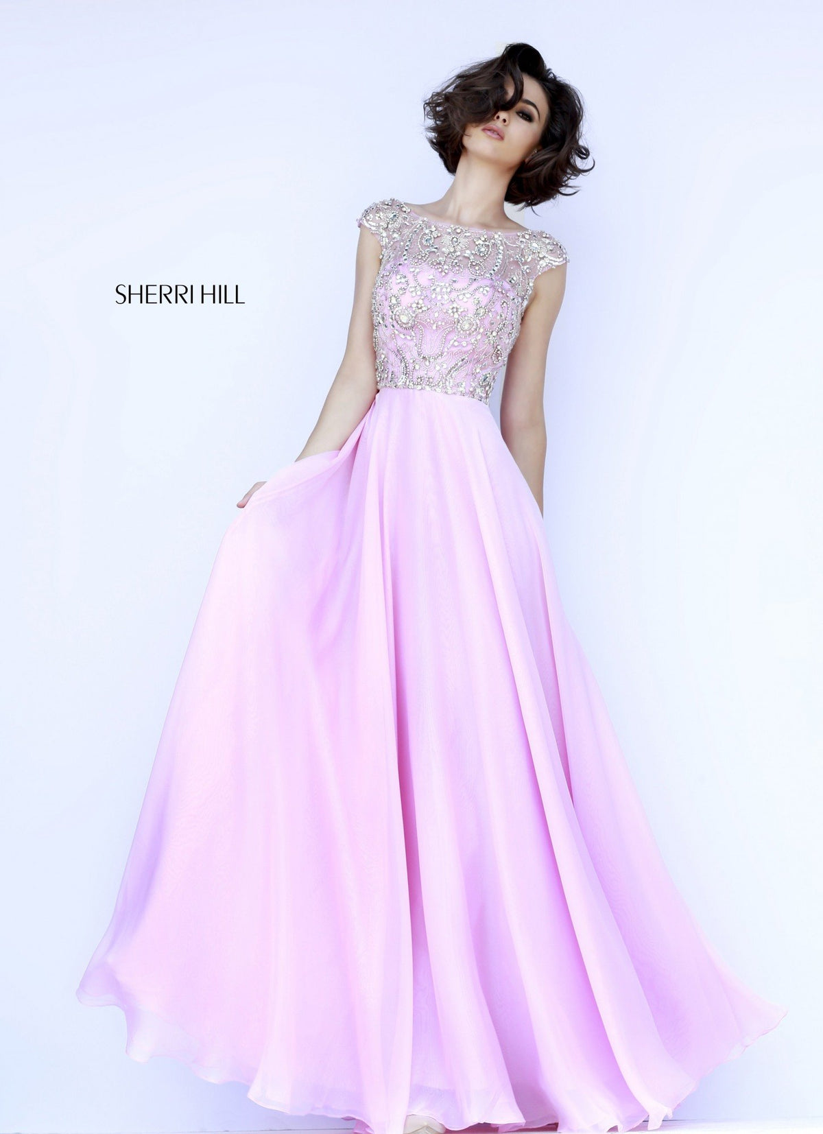 Sherri Hill 32017 cap-sleeve beaded bodice chiffon gown in pink