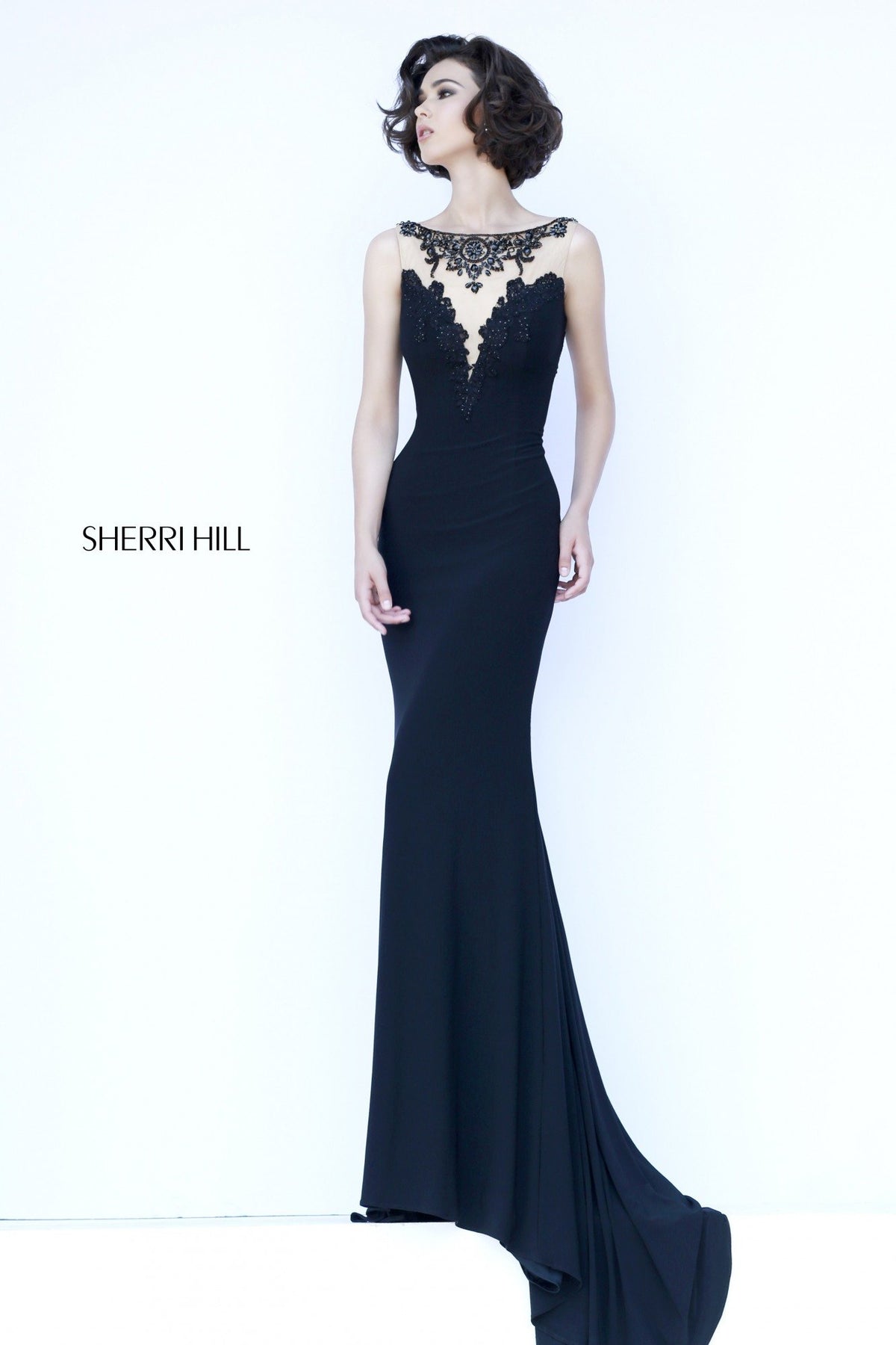 Sherri Hill 32076 fitted jersey gown with beaded back