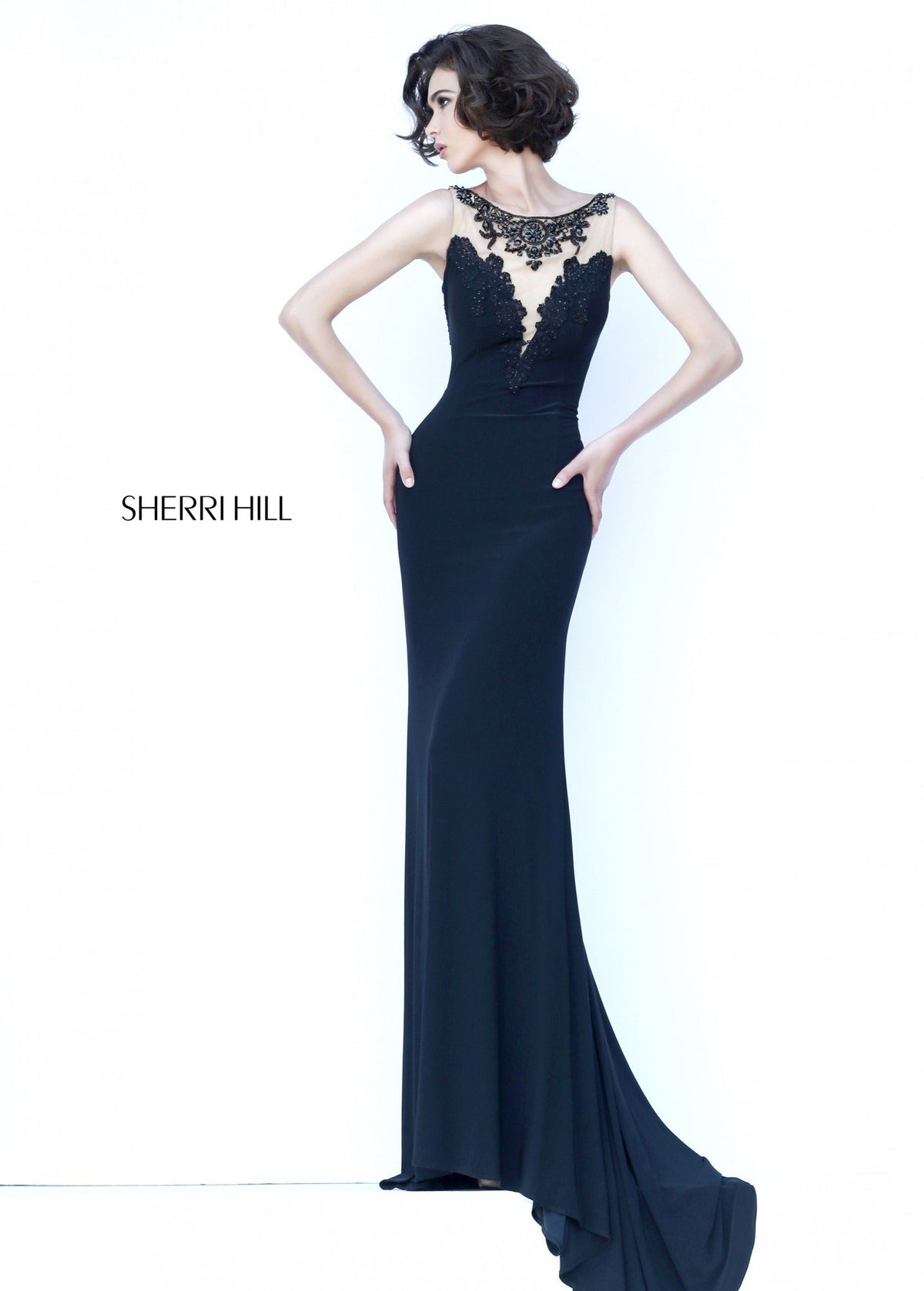 Sherri Hill 32076 fitted jersey gown with beaded back in black