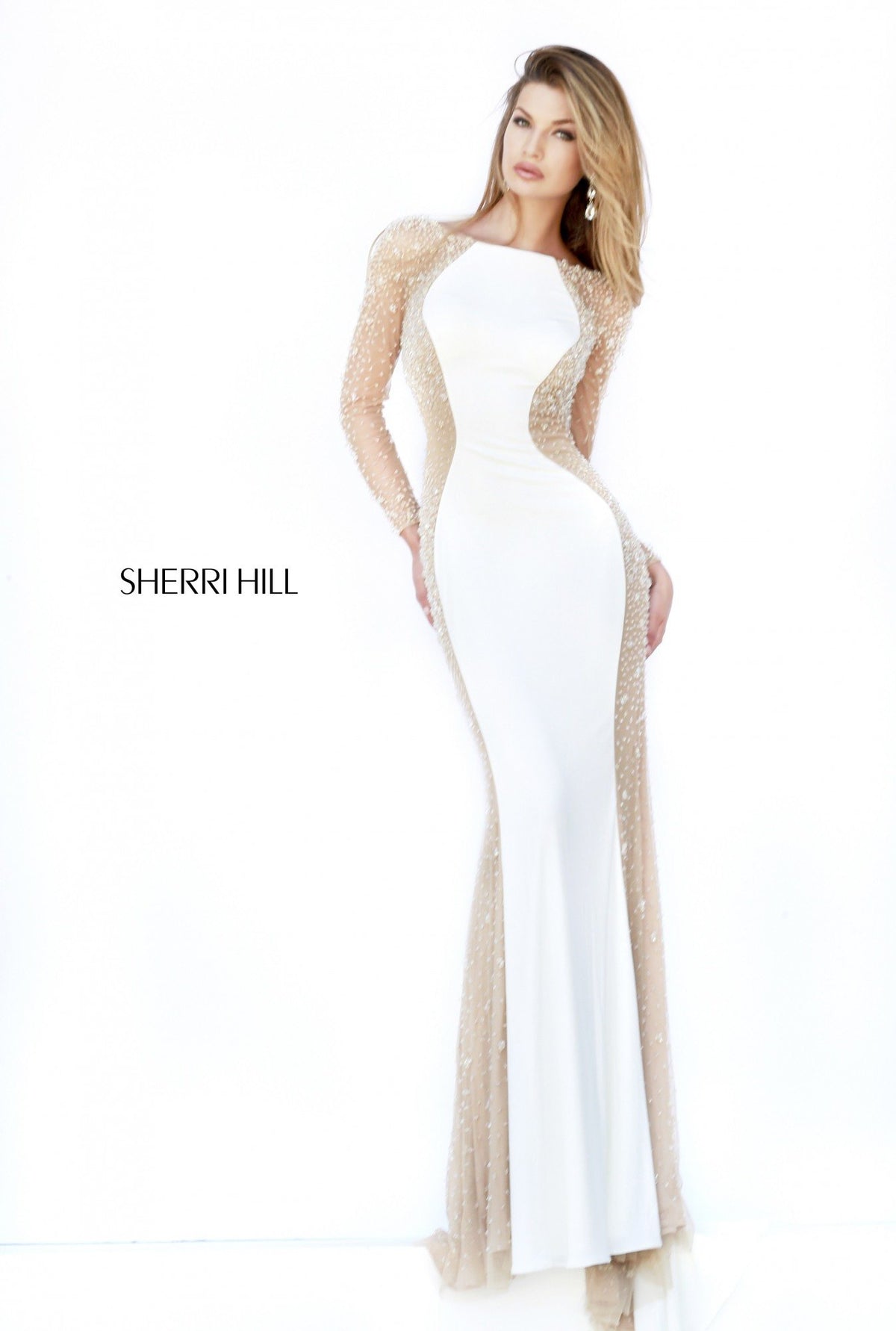 Sherri Hill 32096 fitted jersey gown with sheer cutouts in ivory/nude