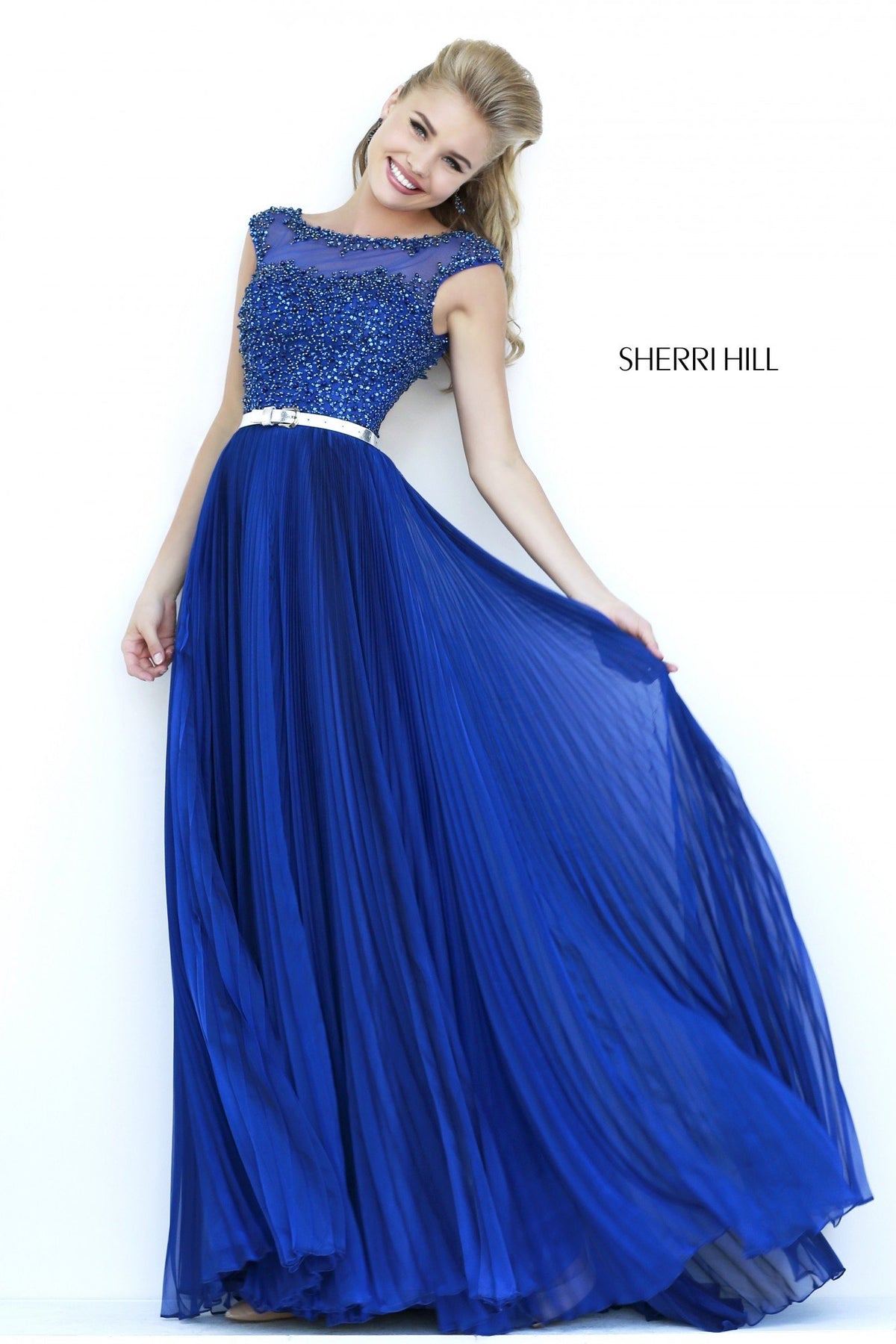 Sherri Hill 32131 cap-sleeve pleated chiffon gown in navy