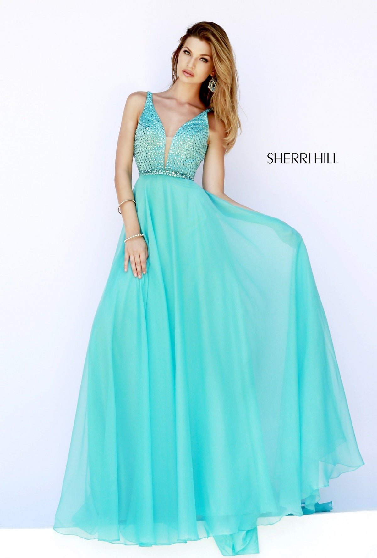 Sherri Hill 32150 V-neck chiffon gown in aqua