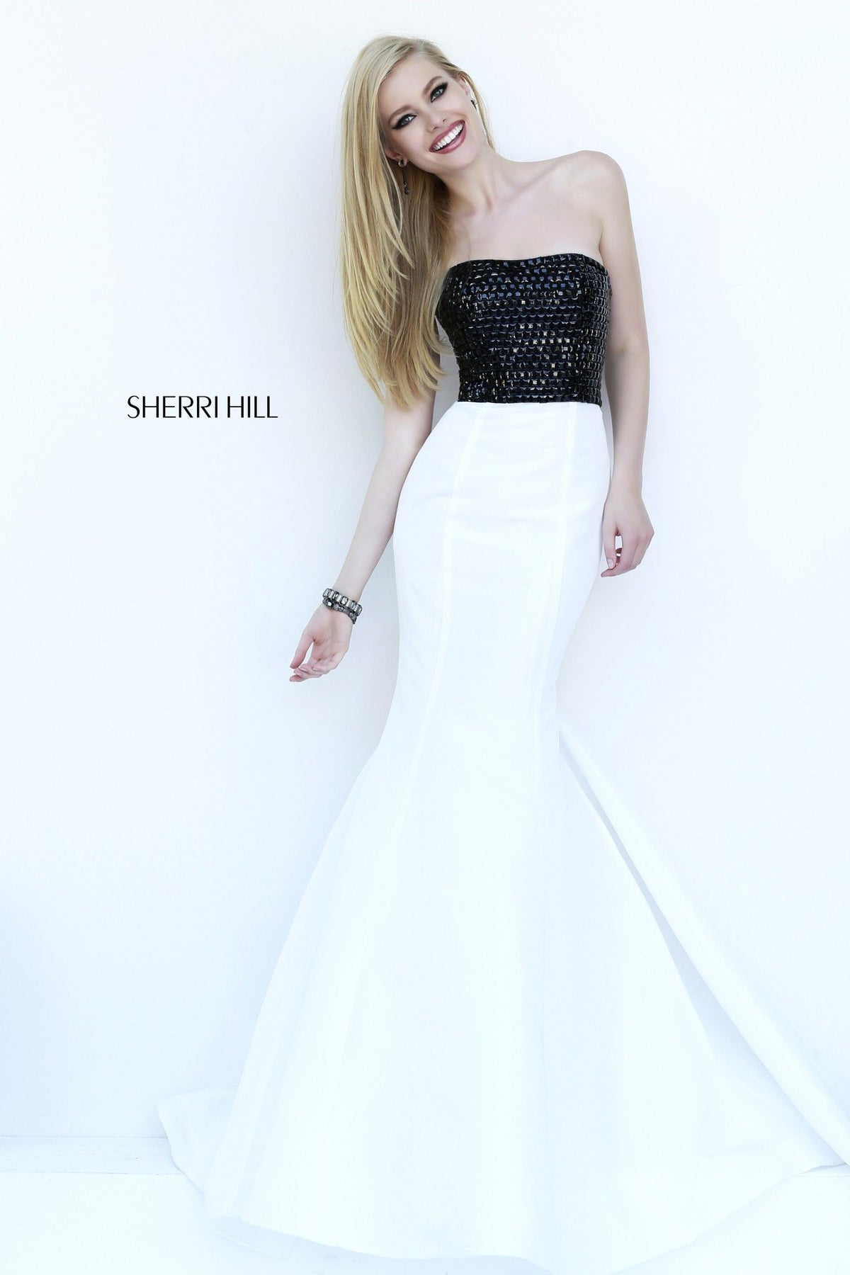 Sherri Hill 32172 strapless mermaid gown with beaded bodice in black/white