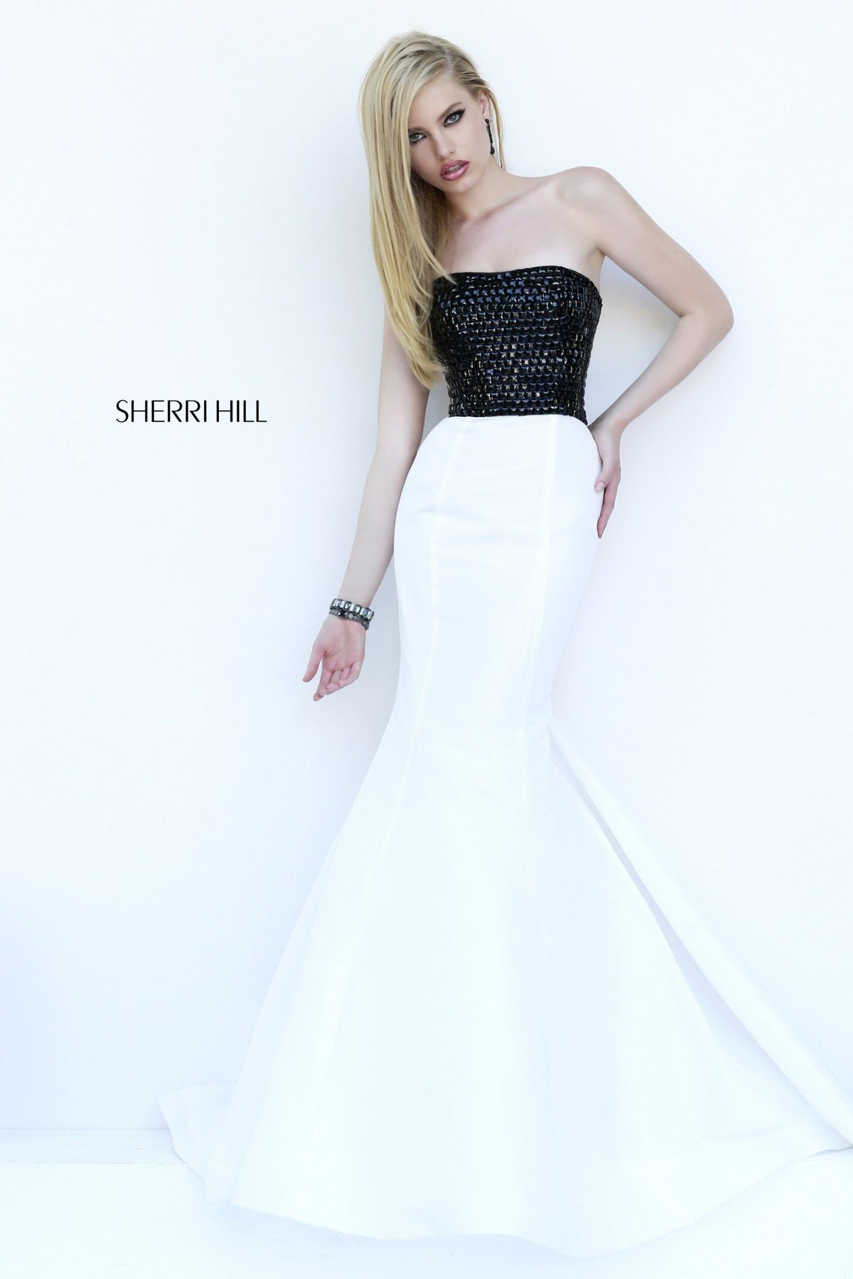 Sherri Hill 32172 strapless mermaid gown with beaded bodice in black/white