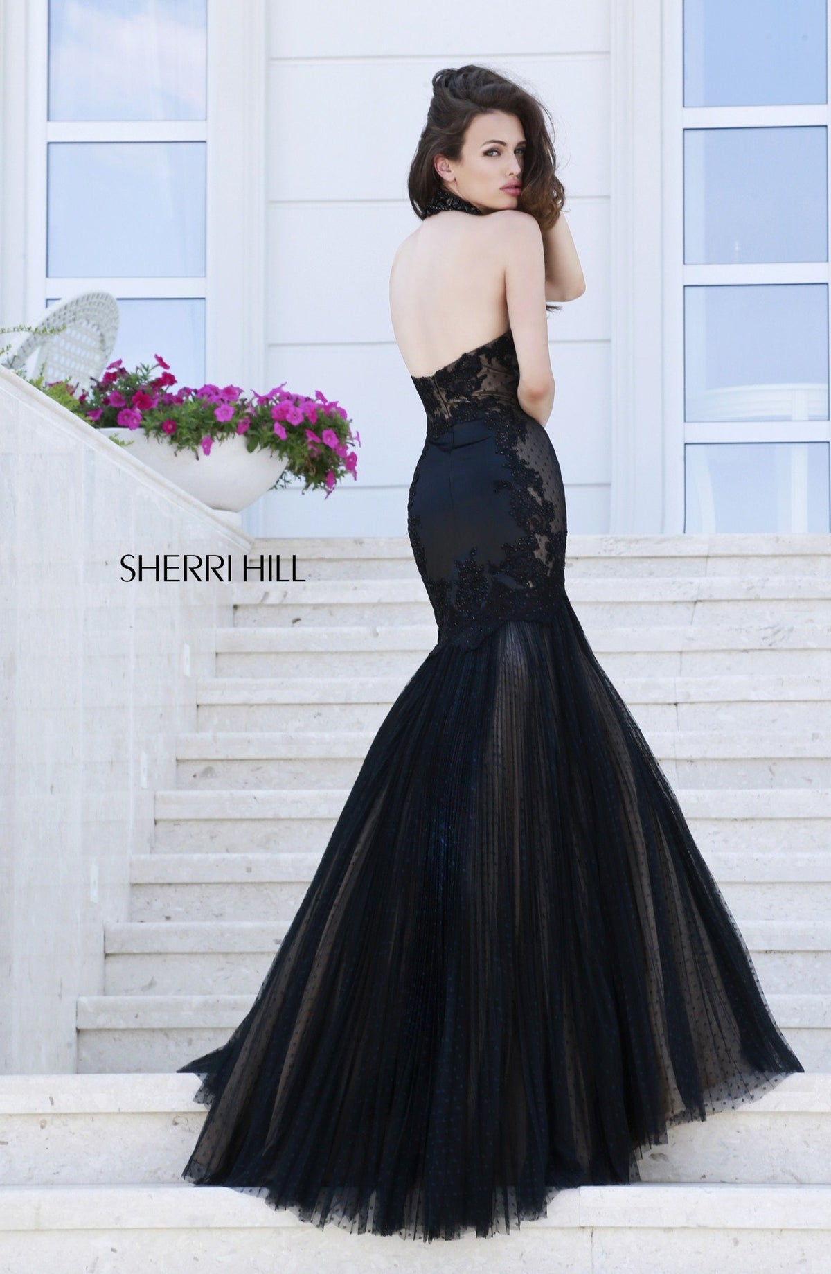 Sherri Hill 32085 lace bodice mermaid gown with tulle skirt