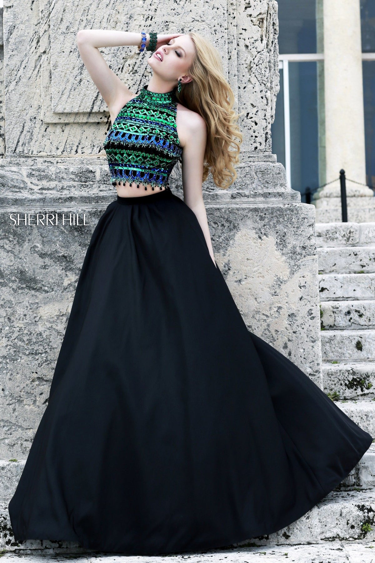 Sherri Hill 32205 two-piece chiffon gown with beaded crop top in black/multi