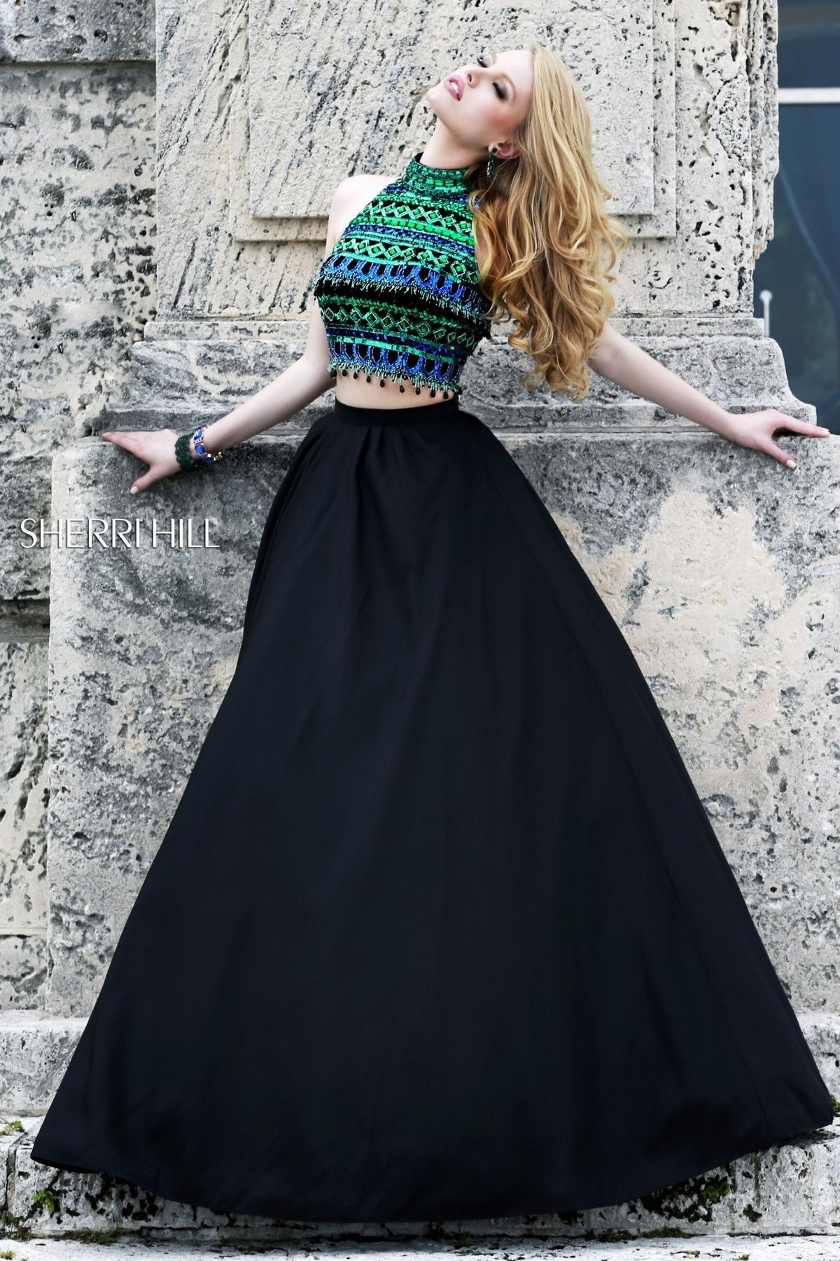 Sherri Hill 32205 two-piece chiffon gown with beaded crop top in black/multi